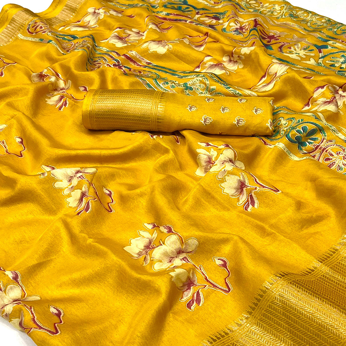 Yellow Floral Foil Printed Dola Silk Saree With Jacquard Border