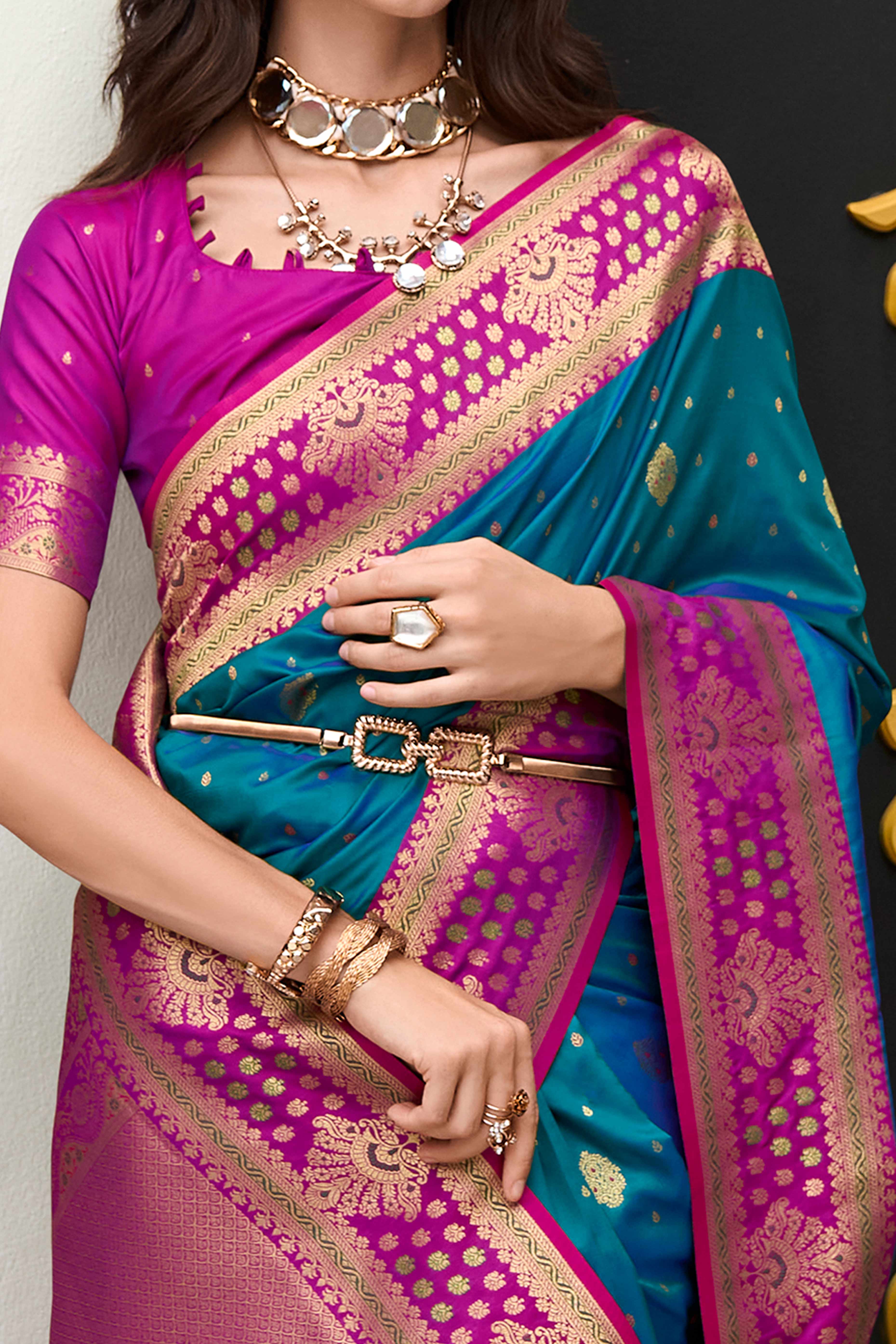 Pure Soft Banarasi Silk Saree in Peacock Teal Hue with Timeless Zari Butti Patterns