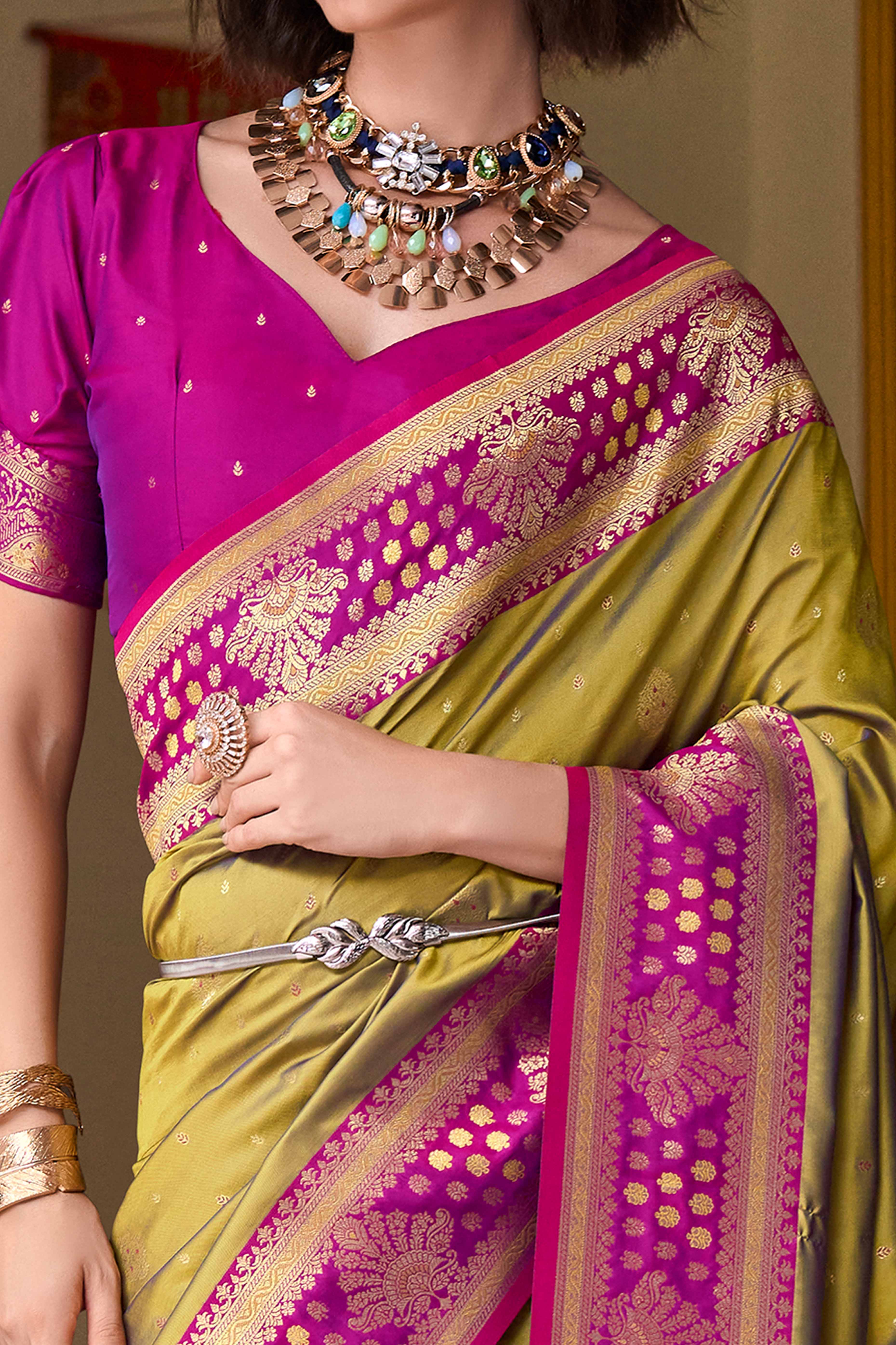 Pure Soft Banarasi Silk Saree in Olive Hue with Timeless Zari Butti Patterns