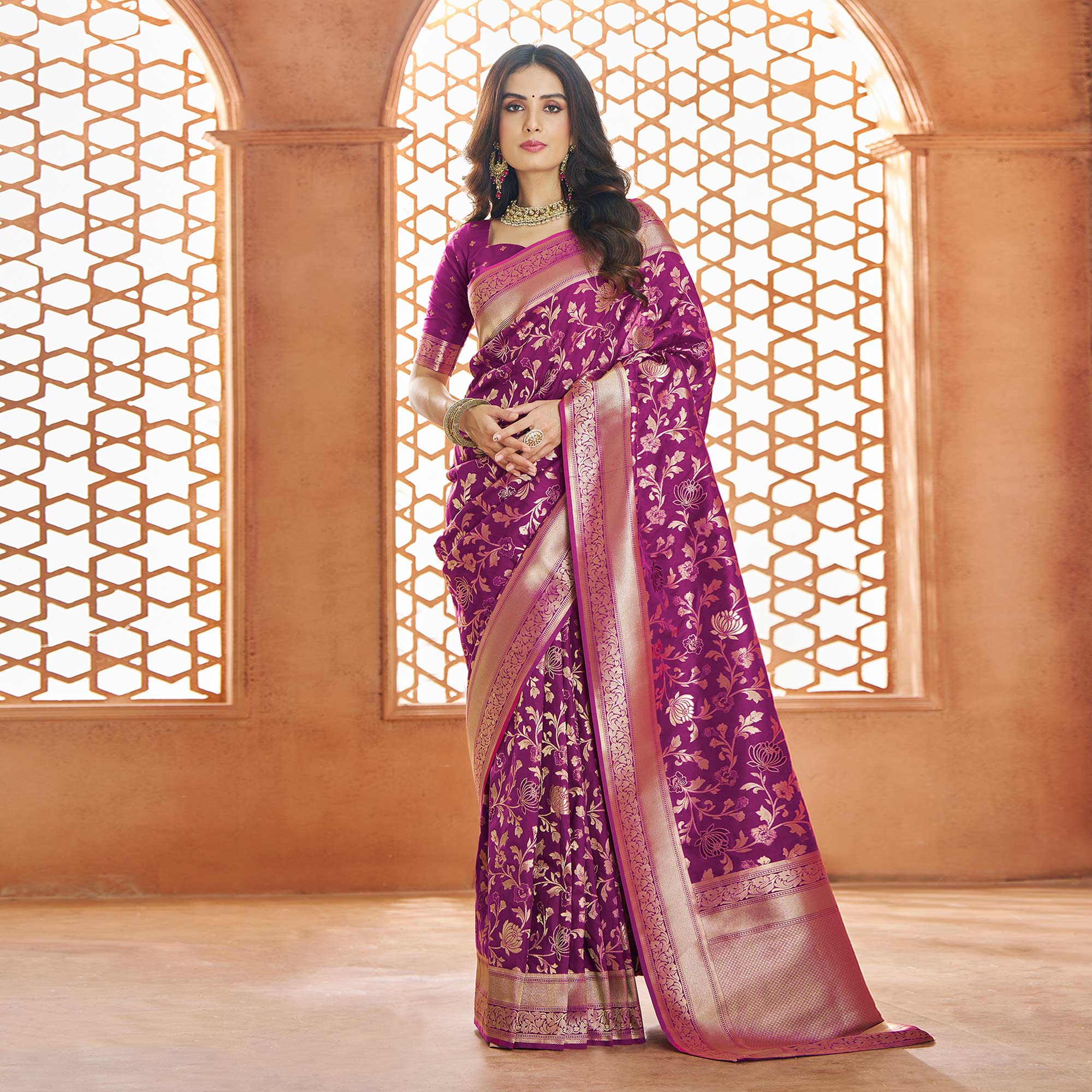 Purple Floral Woven Pure Banarasi Silk Saree