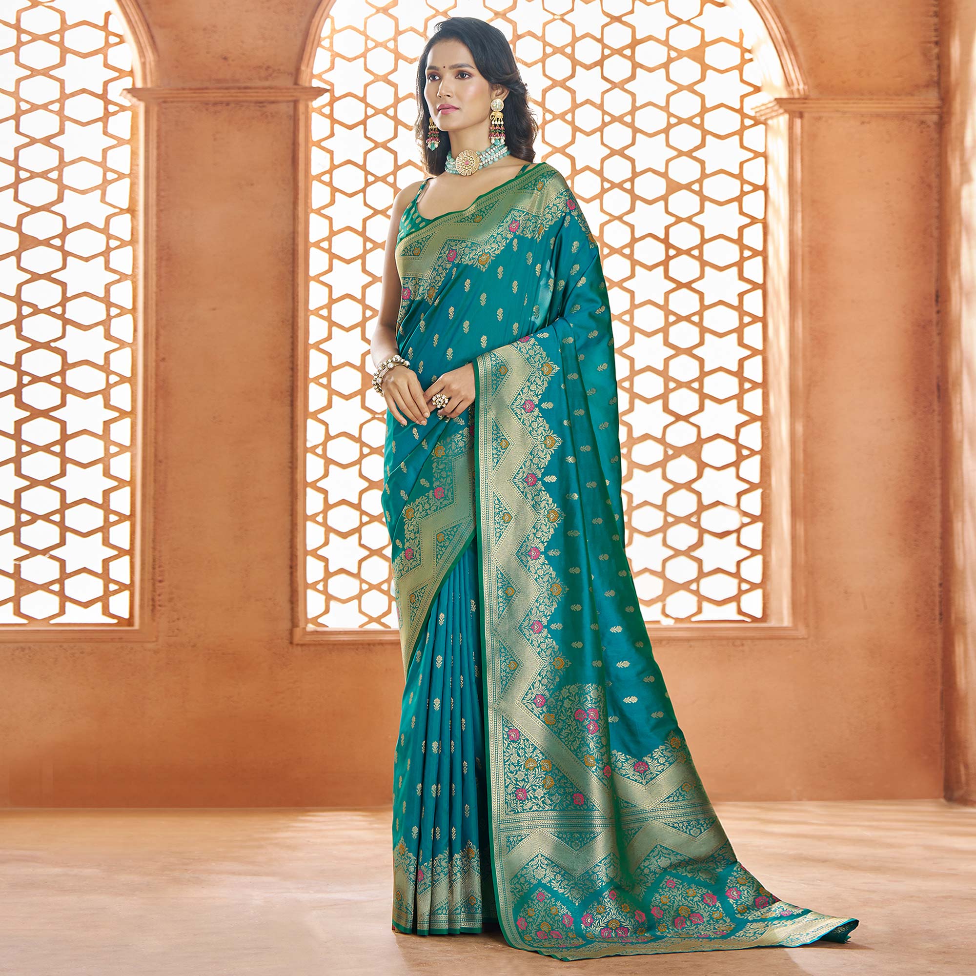 Rama Blue Floral Woven Pure Banarasi Silk Saree