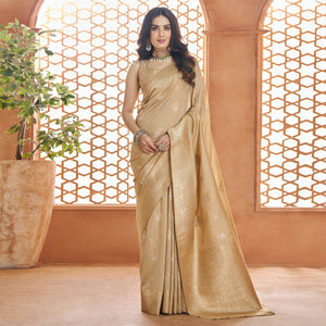 Beige Floral Woven Pure Banarasi Silk Saree