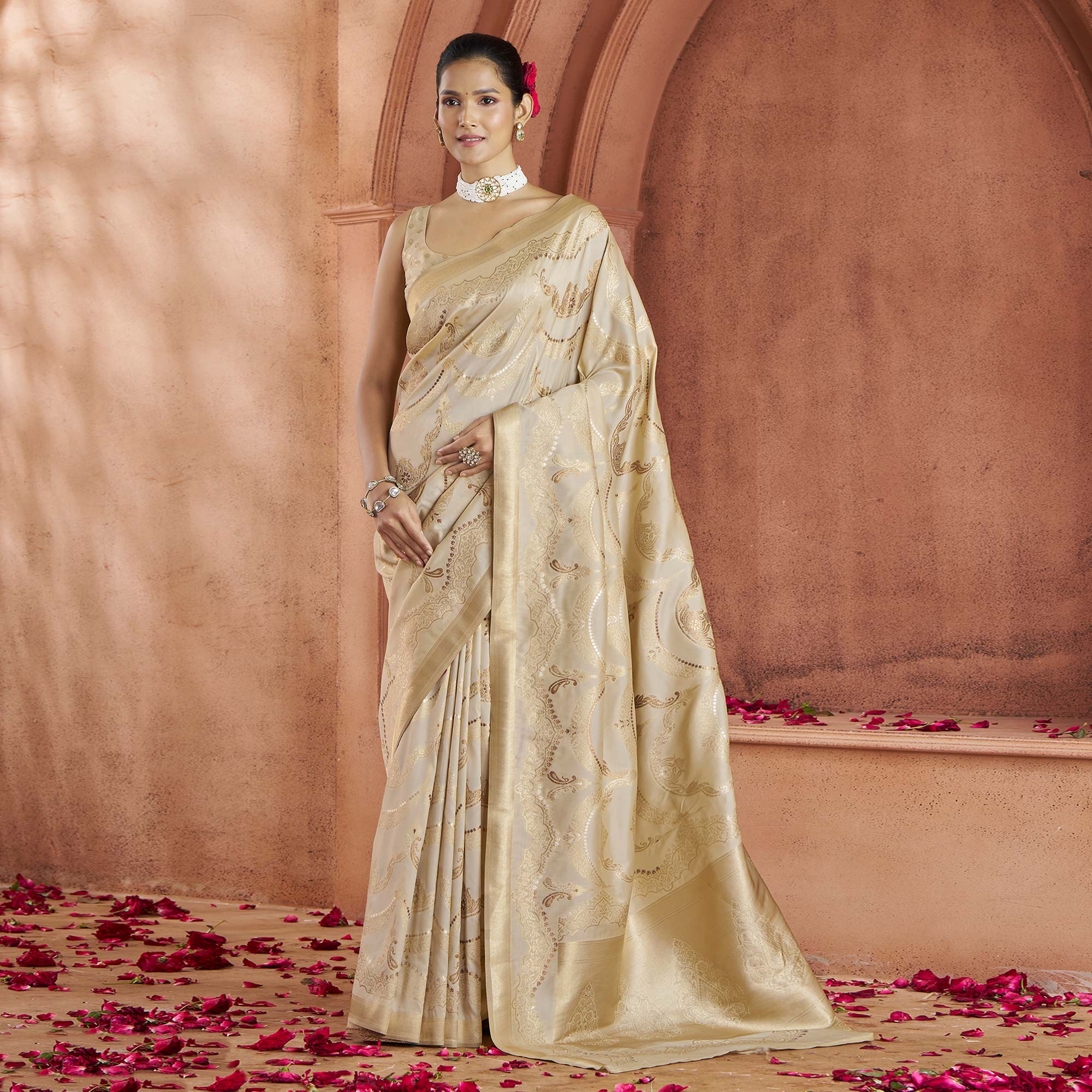 Beige Floral Woven Pure Banarasi Silk Saree