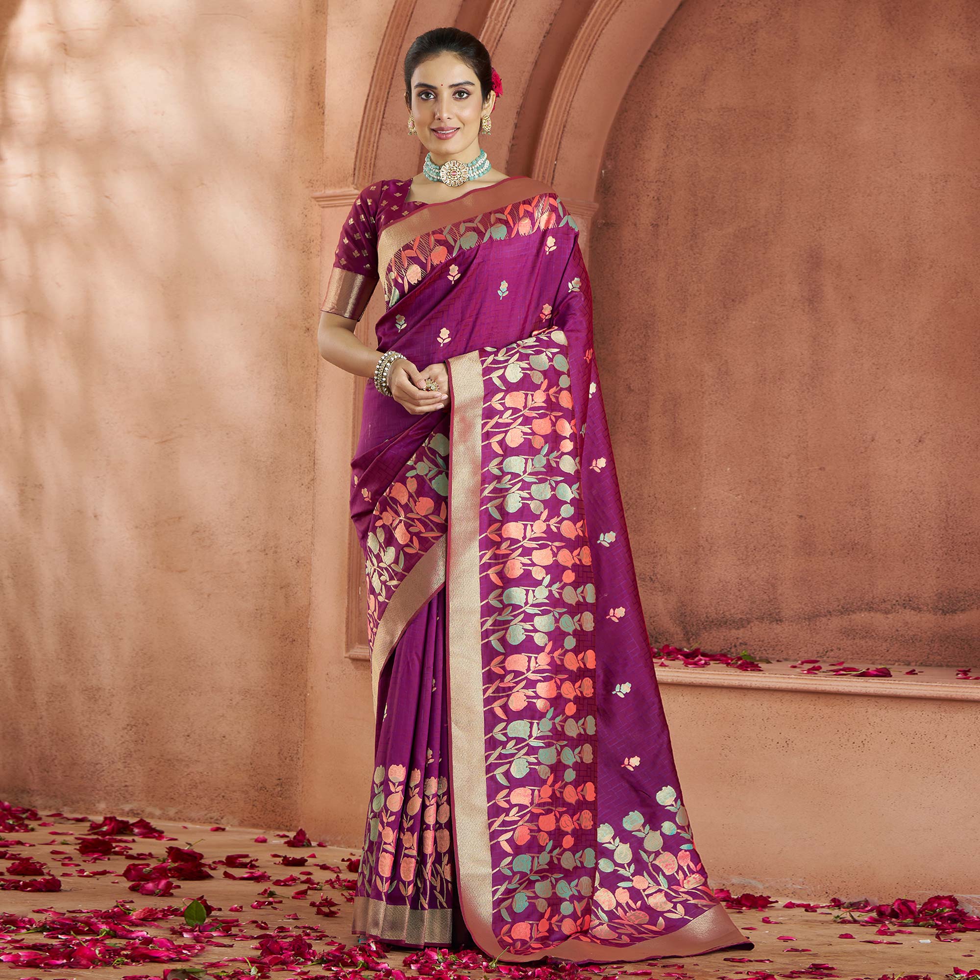 Purple Floral Woven Pure Banarasi Silk Saree