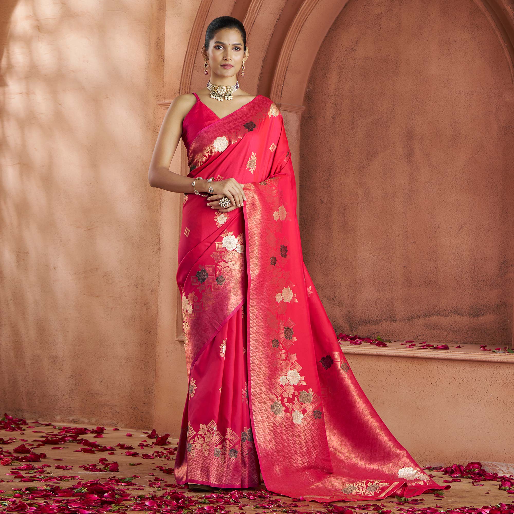 Crimson Red Floral Woven Pure Banarasi Silk Saree