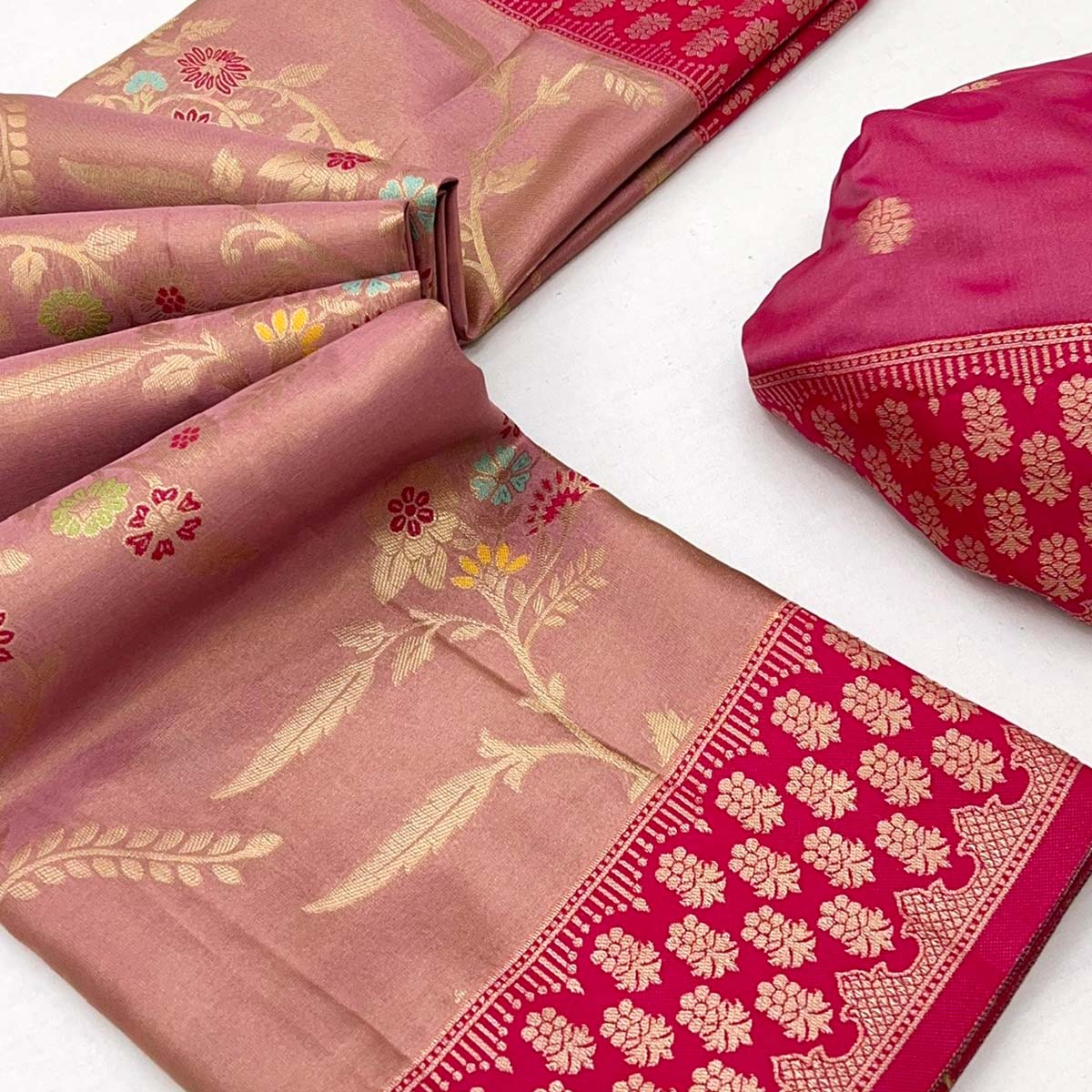 Peach Tissue Dharmavaram Silk Saree Adorned with Fine Traditional Minakari Weaving