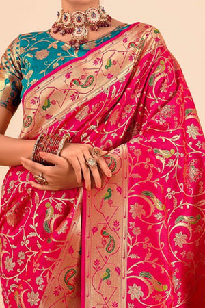 Pink Floral Zari Weaving Pure Silk Paithani Saree