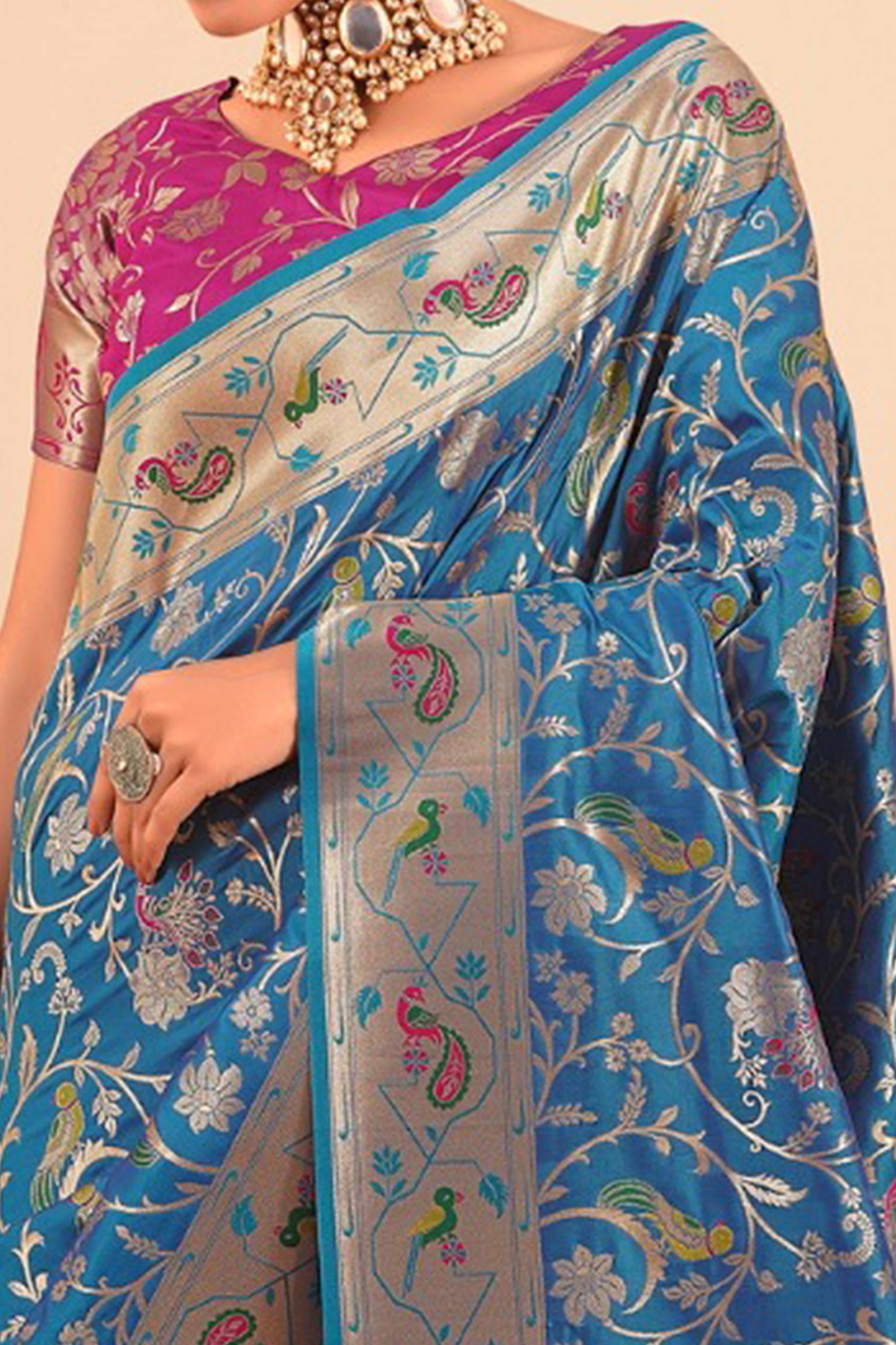 Blue Floral Zari Weaving Pure Silk Paithani Saree