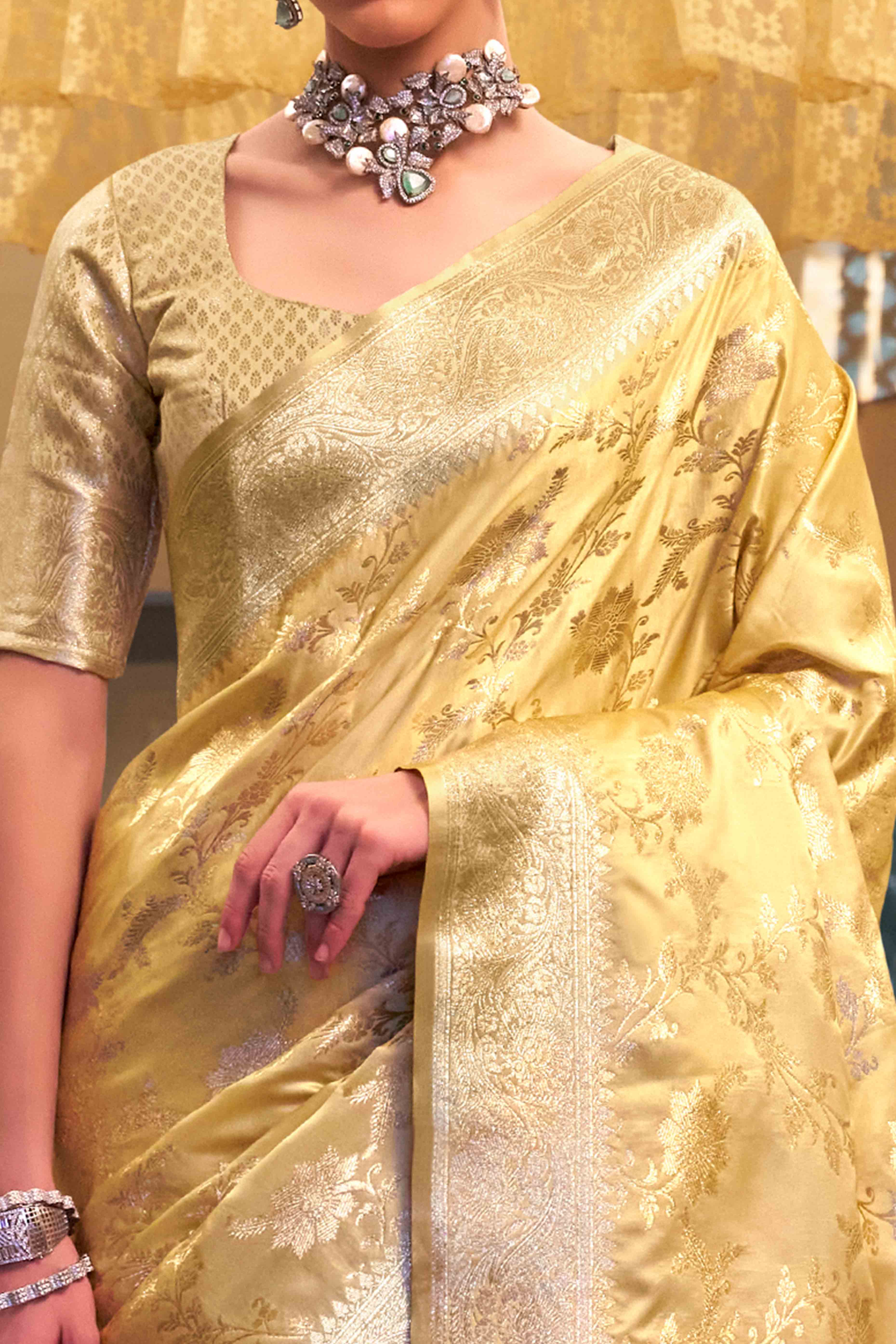 Golden Mustard Soft Satin Saree Featuring Exquisite Zari Weaving Work