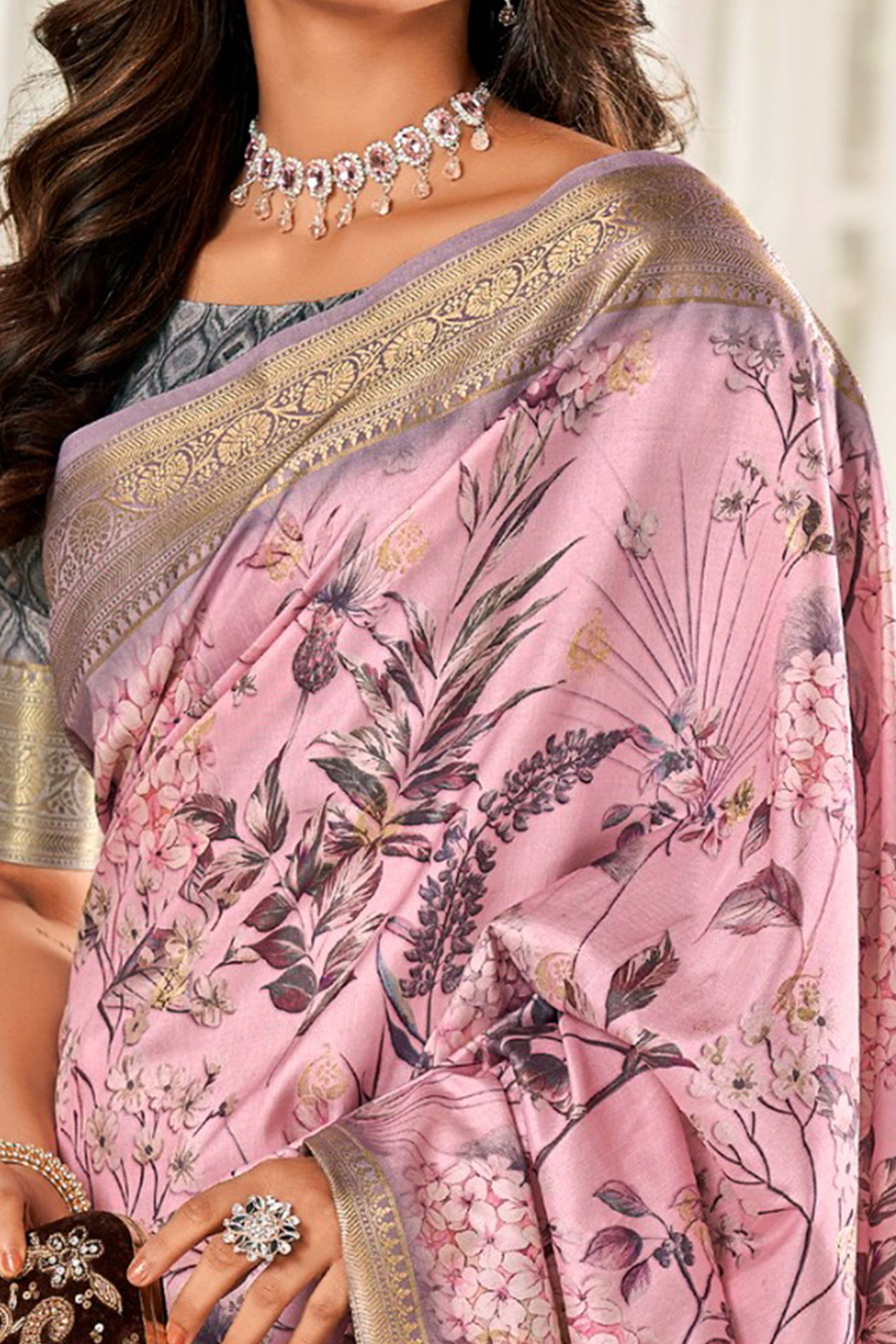 Baby Pink Pure Silk Floral Print With Weaving On Border
