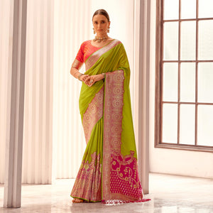 Green Floral Woven Banarasi Silk Saree With Tassels