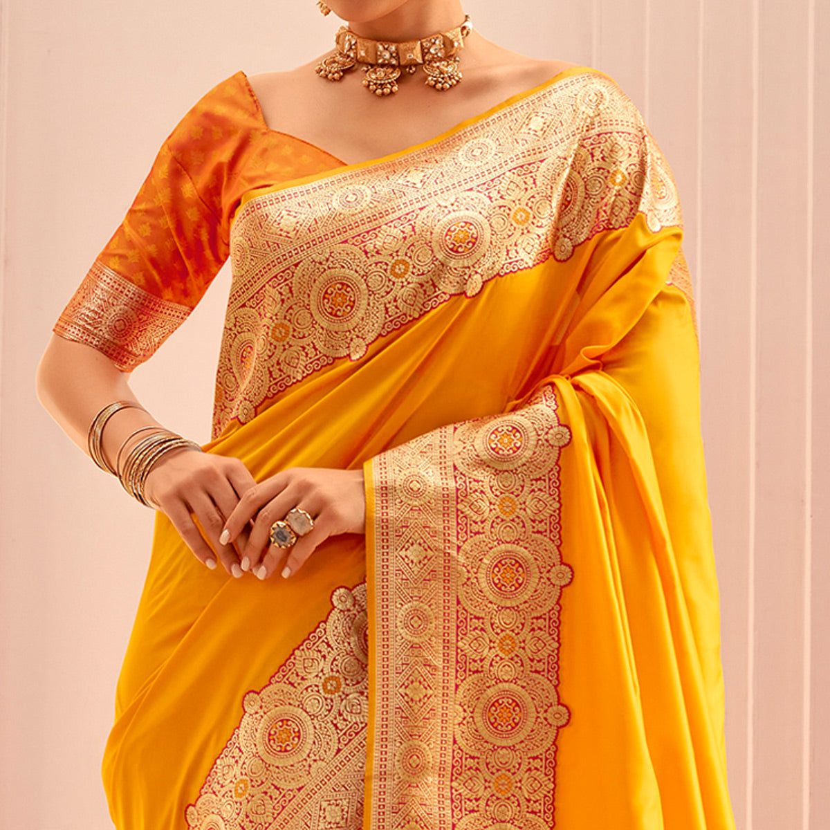 Yellow Floral Woven Banarasi Silk Saree With Tassels