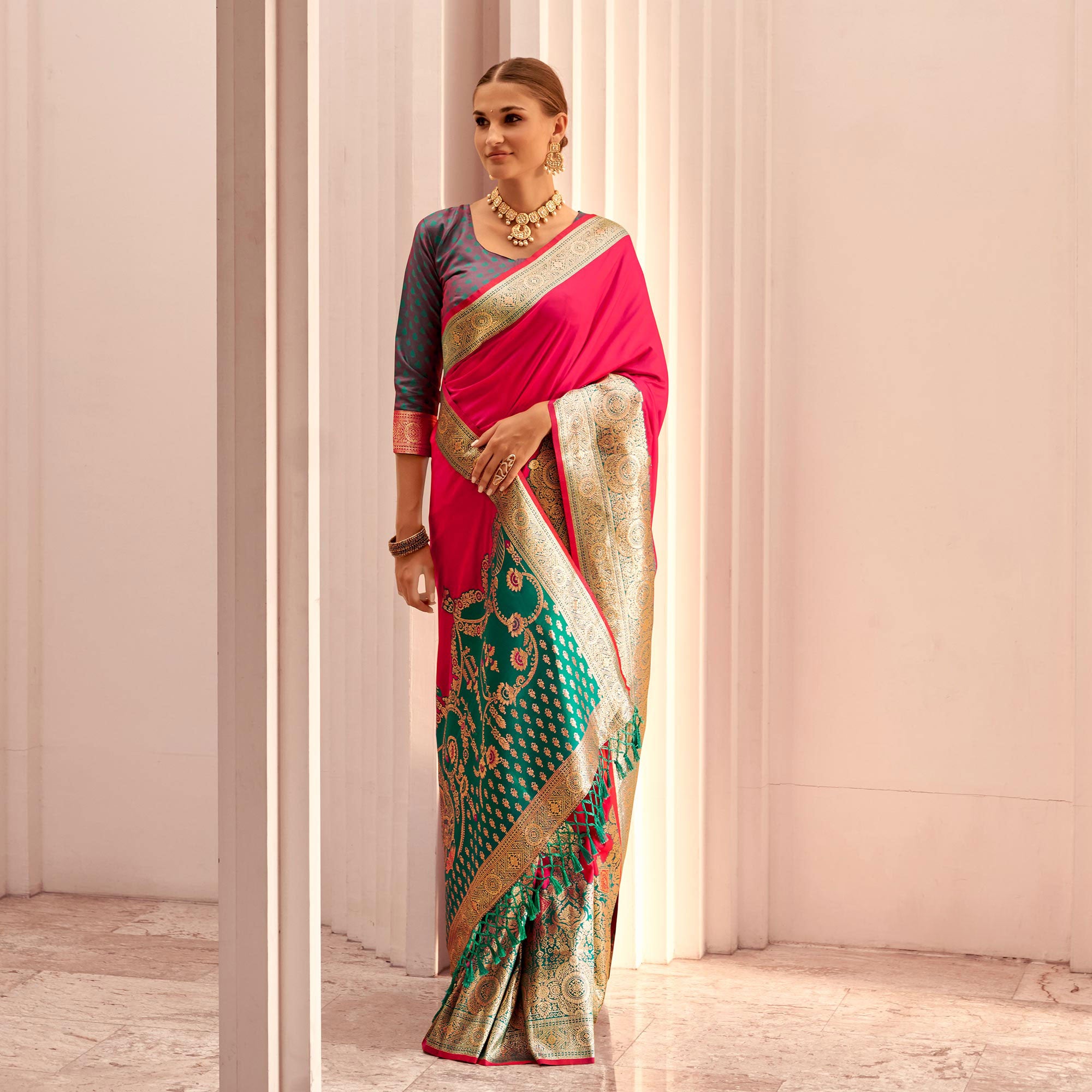 Rani Pink Floral Woven Banarasi Silk Saree With Tassels