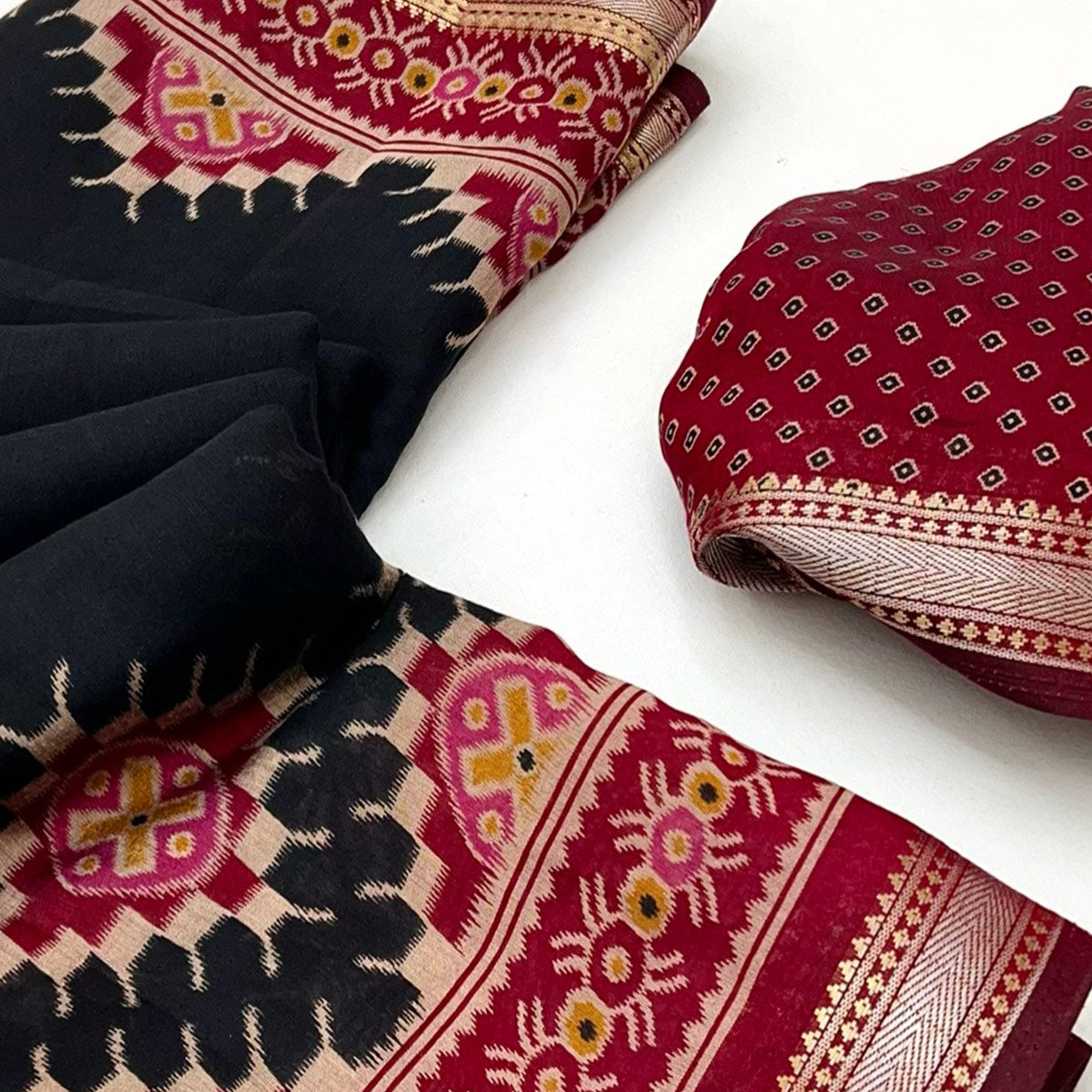 Black Patola Print Mulmul Cotton Saree with Shimmering Zari Trim