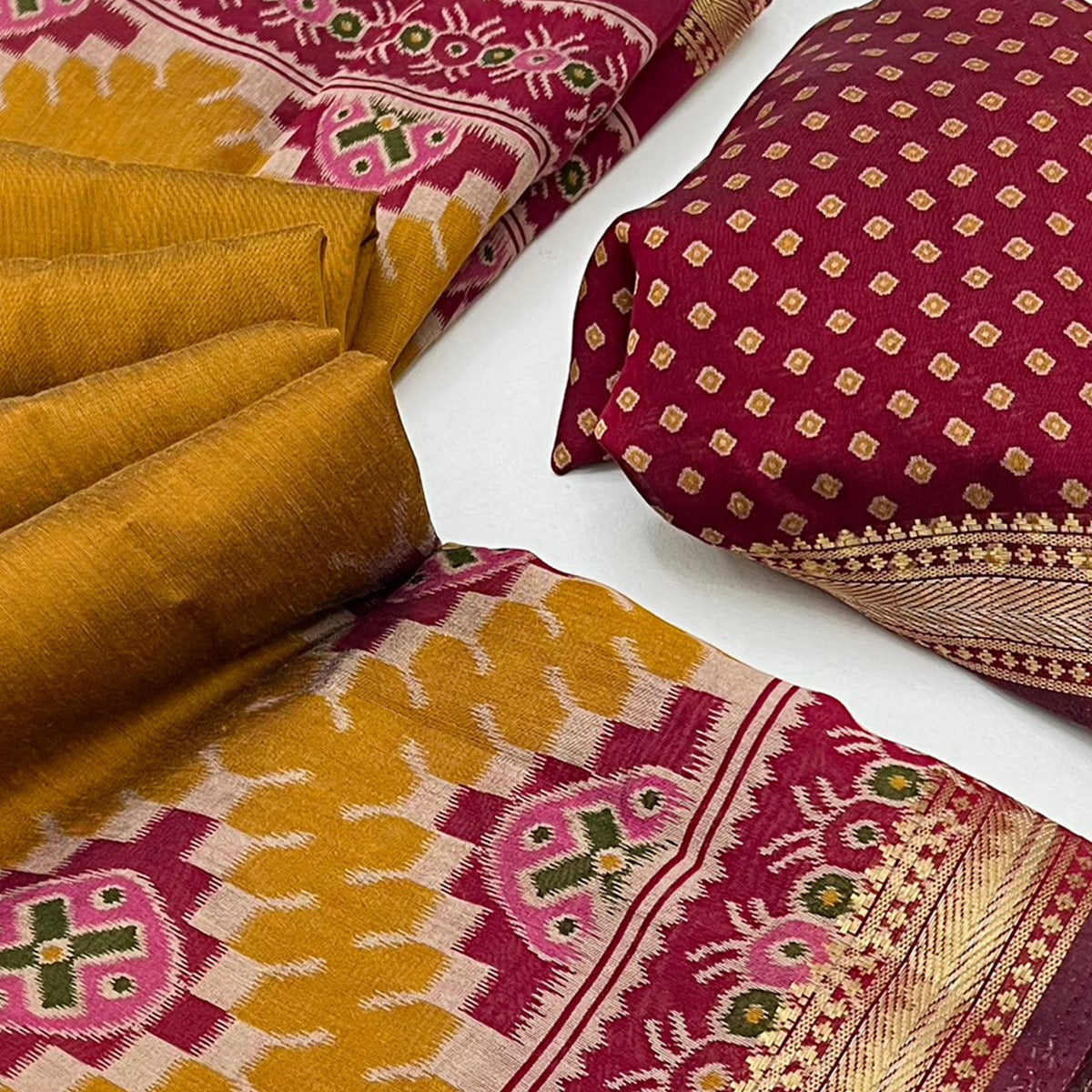 Mustard Patola Print Mulmul Cotton Saree with Shimmering Zari Trim