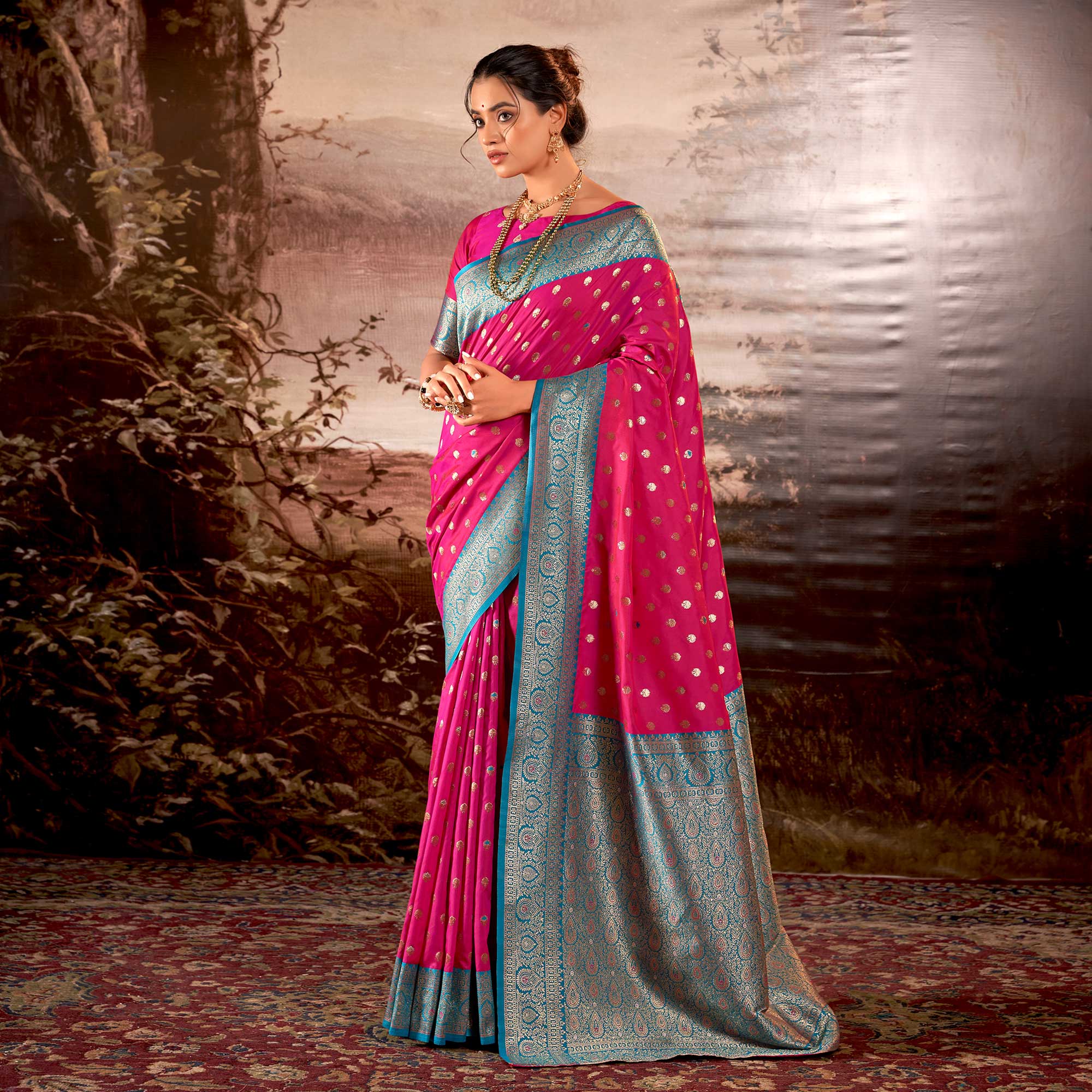 Pink Woven Butti Work Banarasi Silk Saree