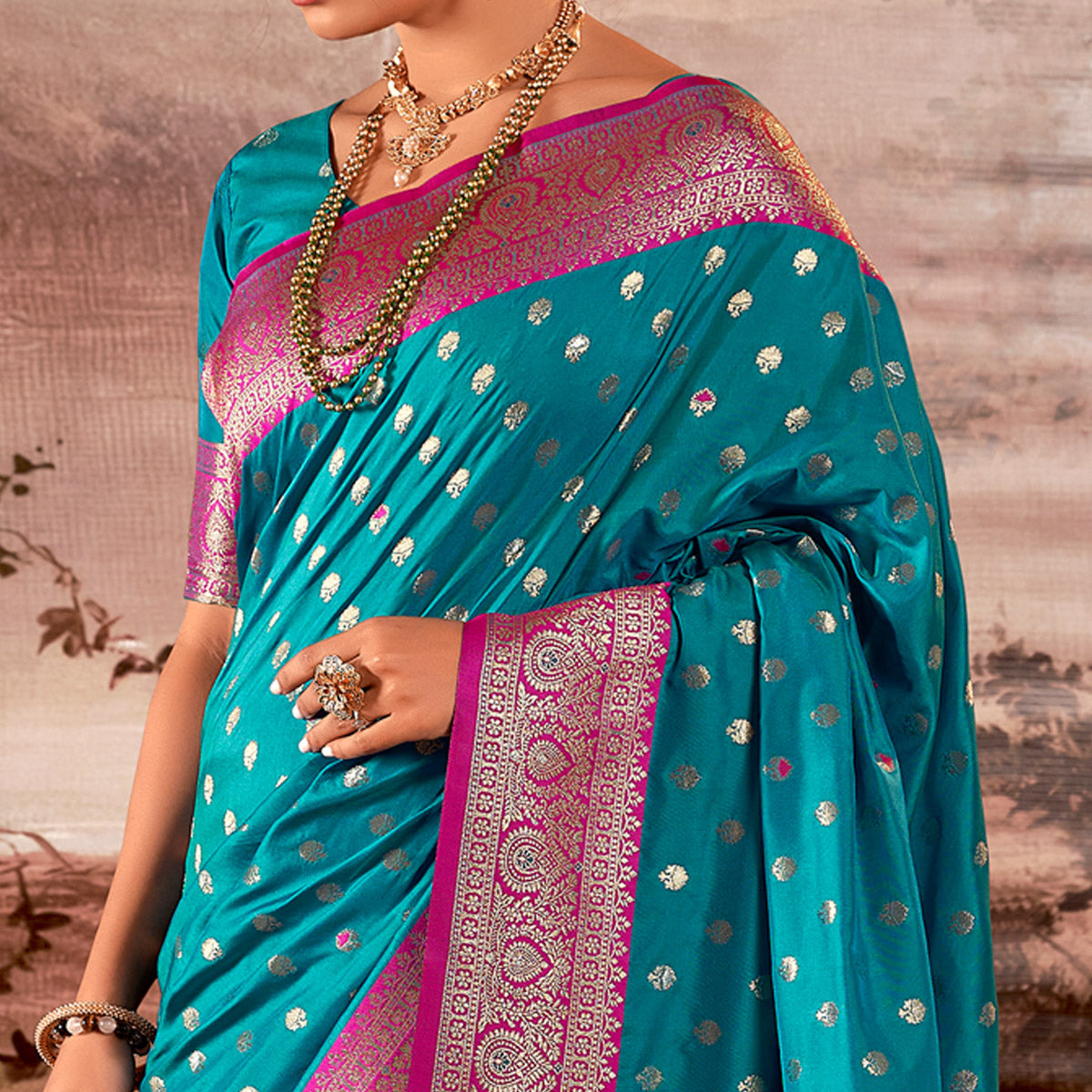 Rama Blue Woven Butti Work Banarasi Silk Saree