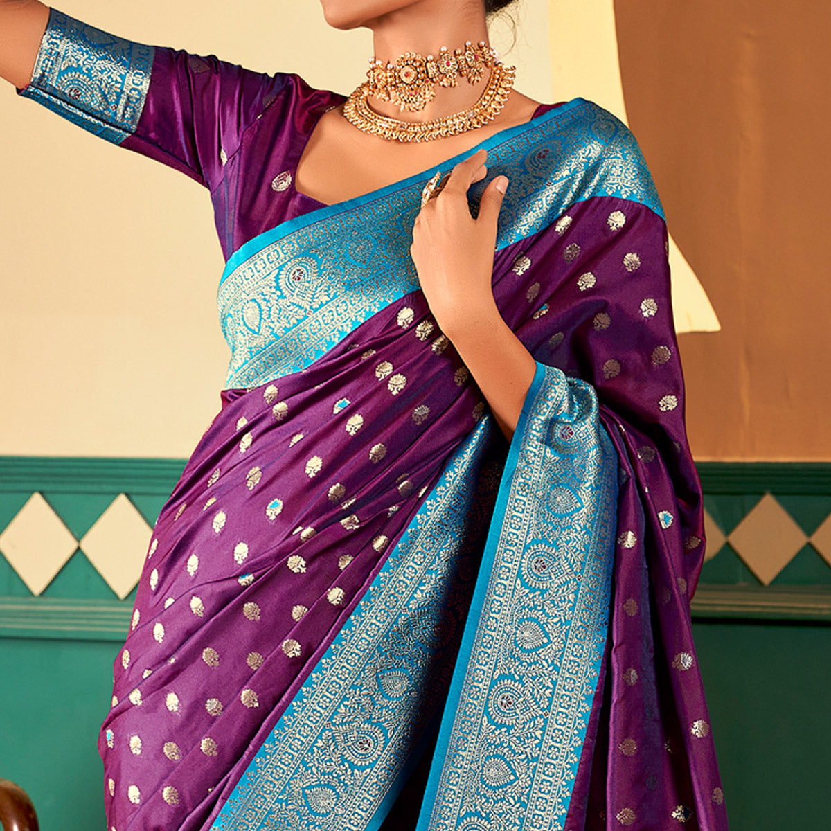 Purple Woven Butti Work Banarasi Silk Saree