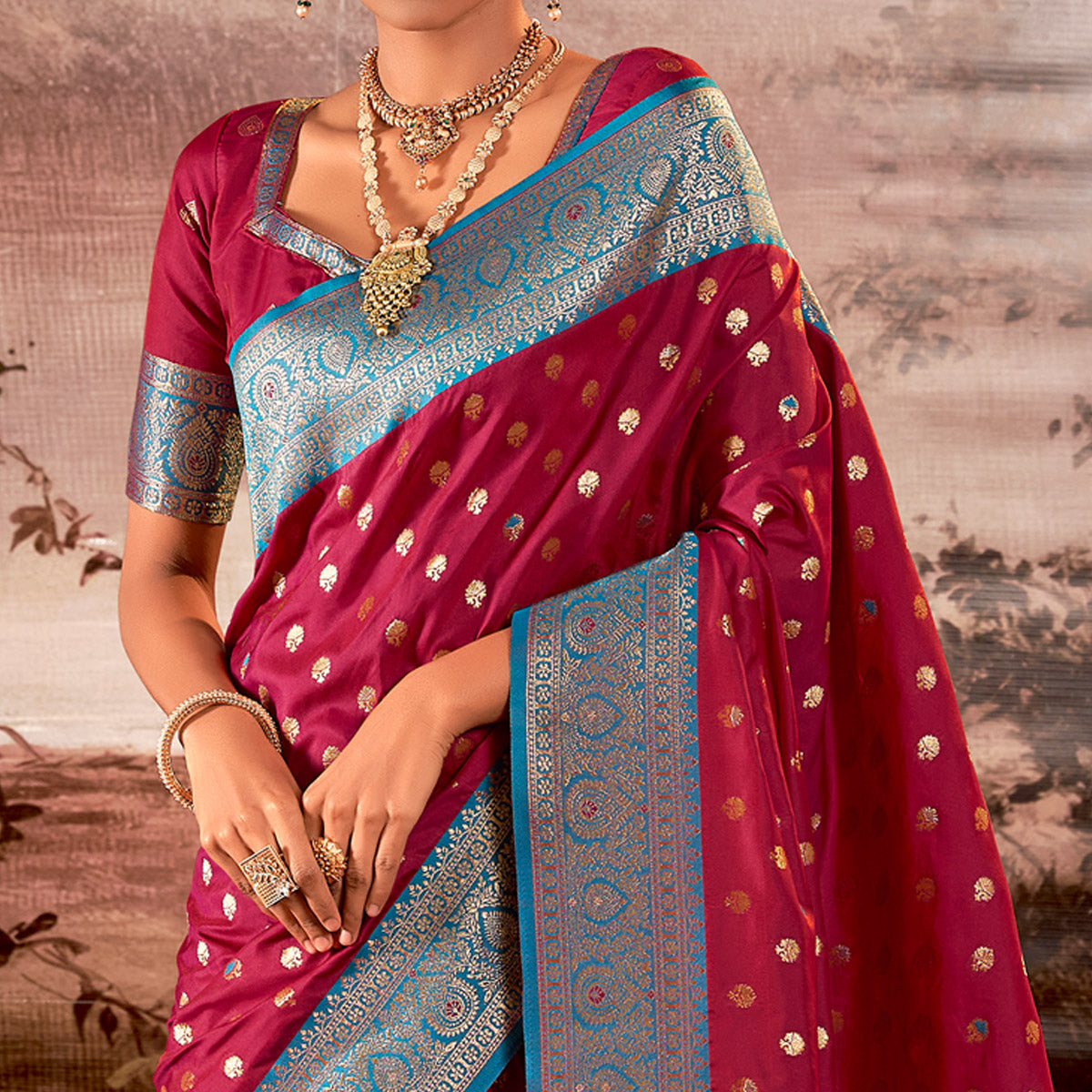 Dark Pink Woven Butti Work Banarasi Silk Saree