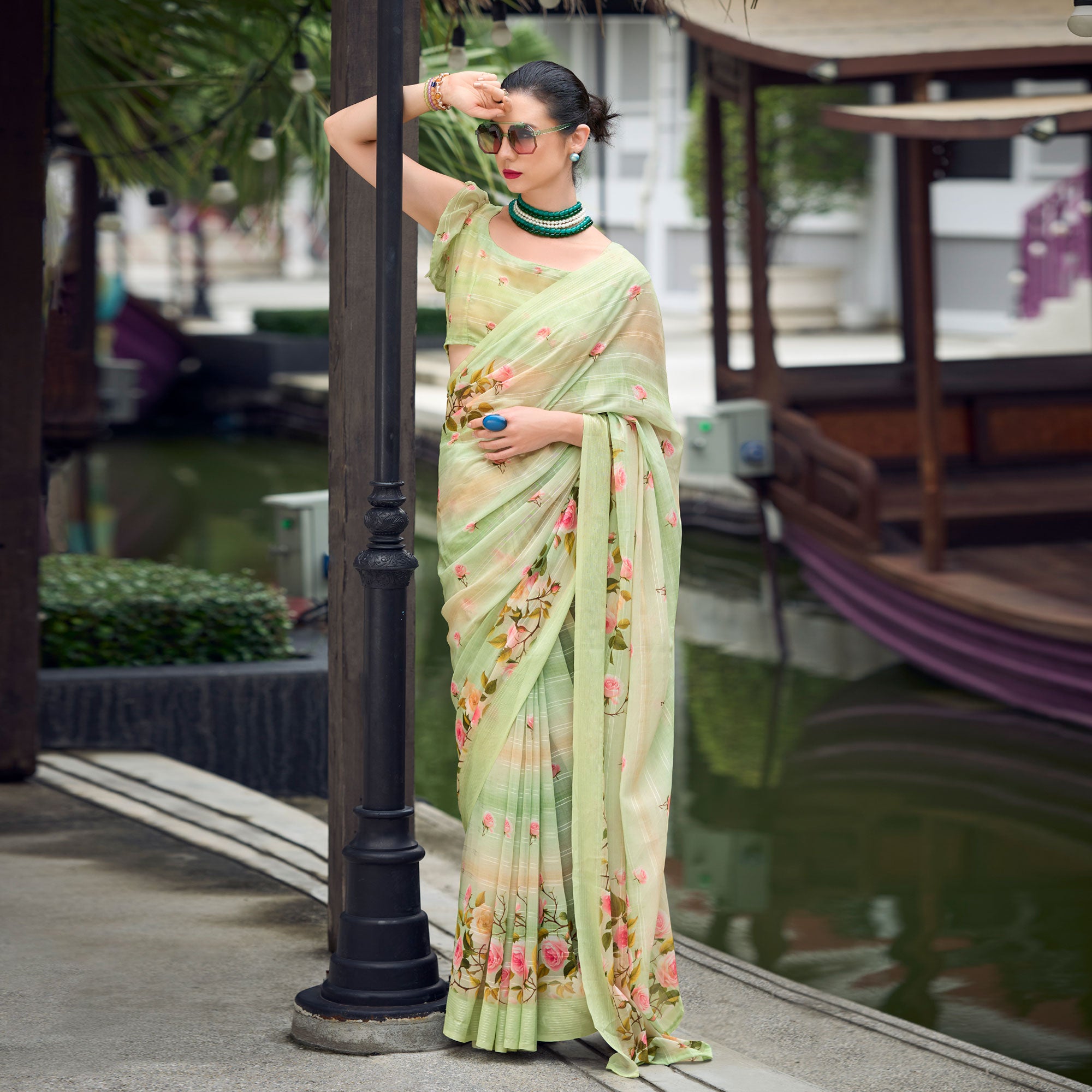 Green Floral Digital Printed Georgette Saree