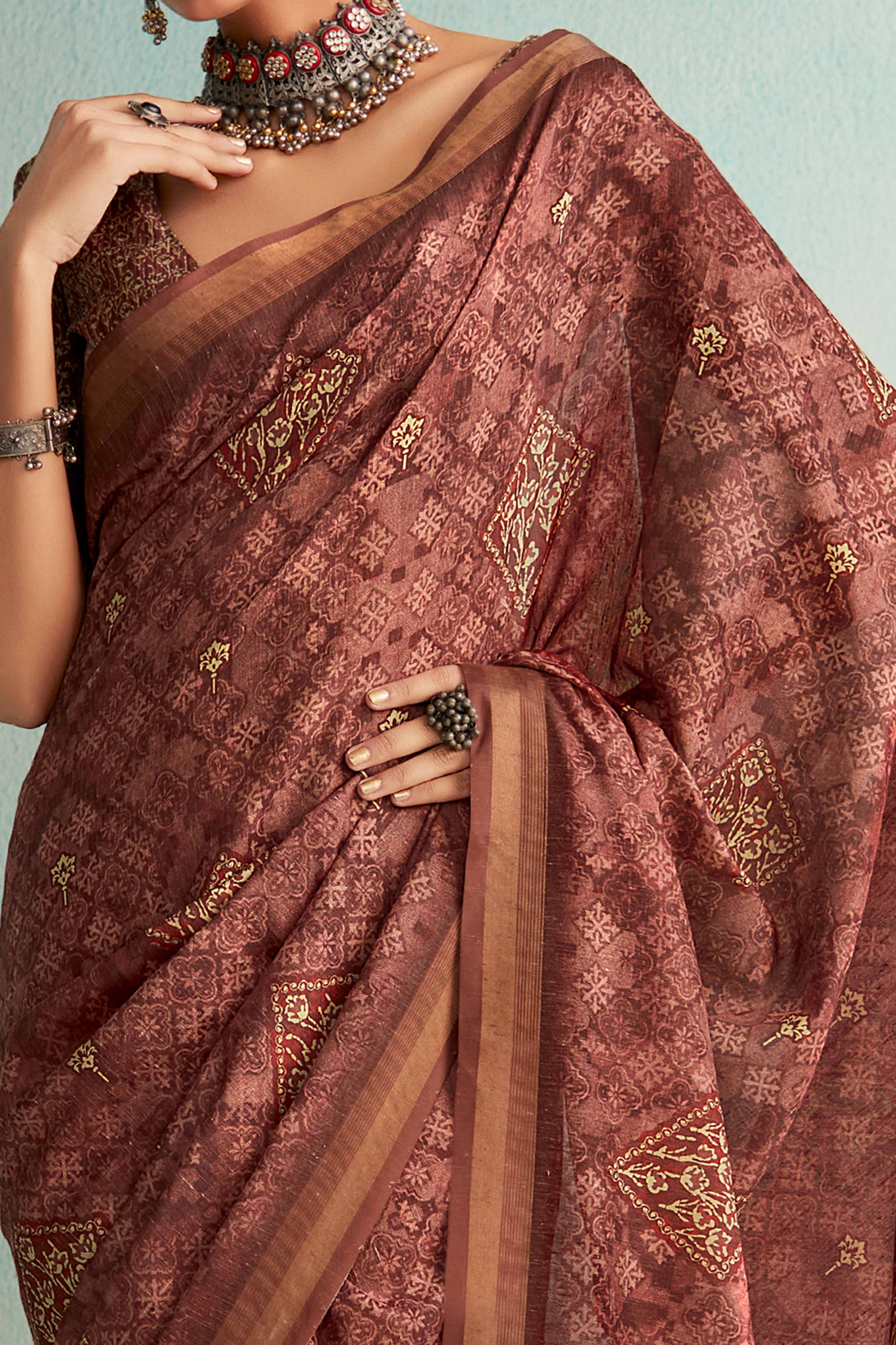 Designer Brown Handloom Saree with Digital Print on Silk Blend Fabric