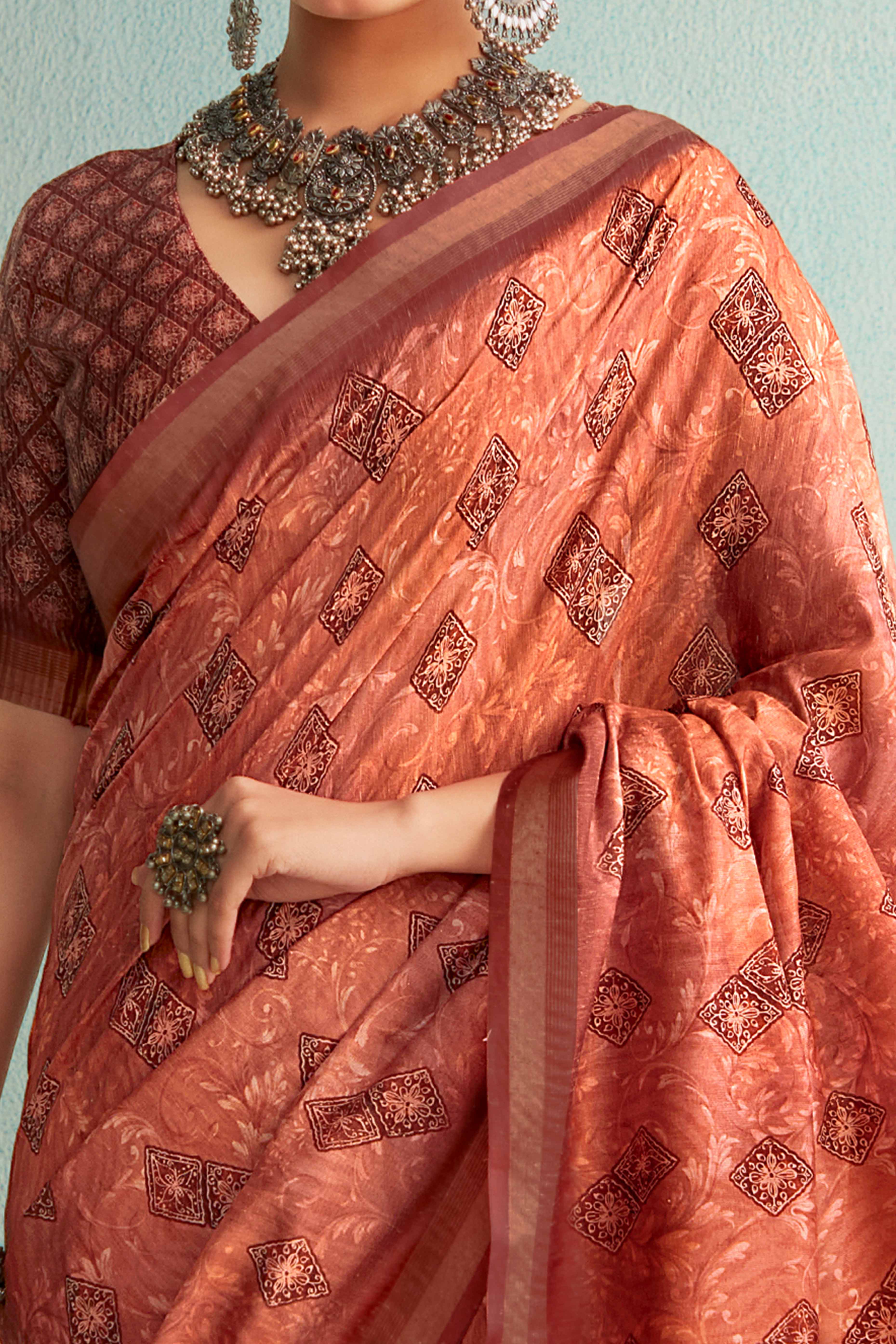 Designer Rust Handloom Saree with Digital Print on Silk Blend Fabric