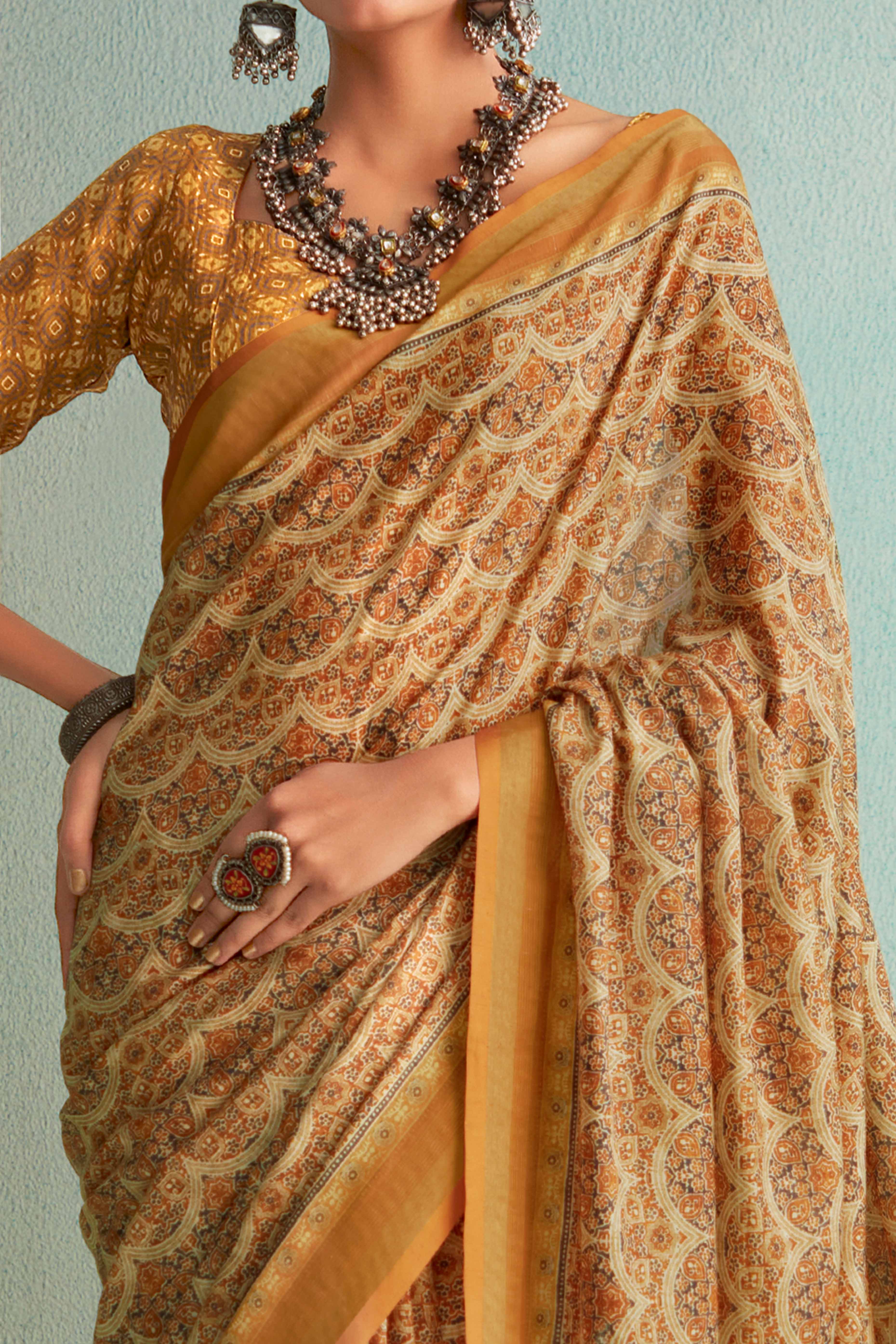 Designer Mustard Handloom Saree with Digital Print on Silk Blend Fabric