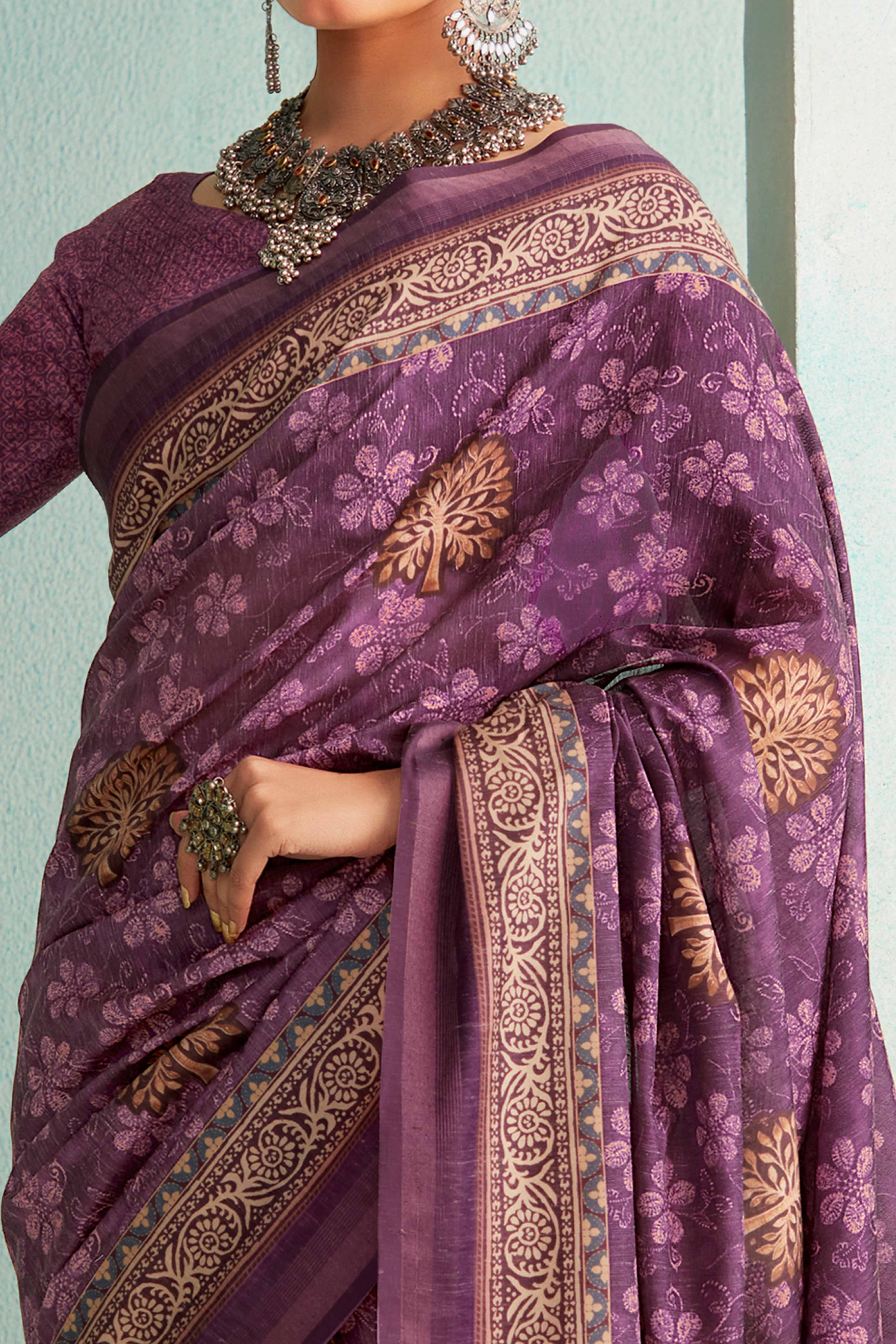 Designer Lavender Handloom Saree with Digital Print on Silk Blend Fabric