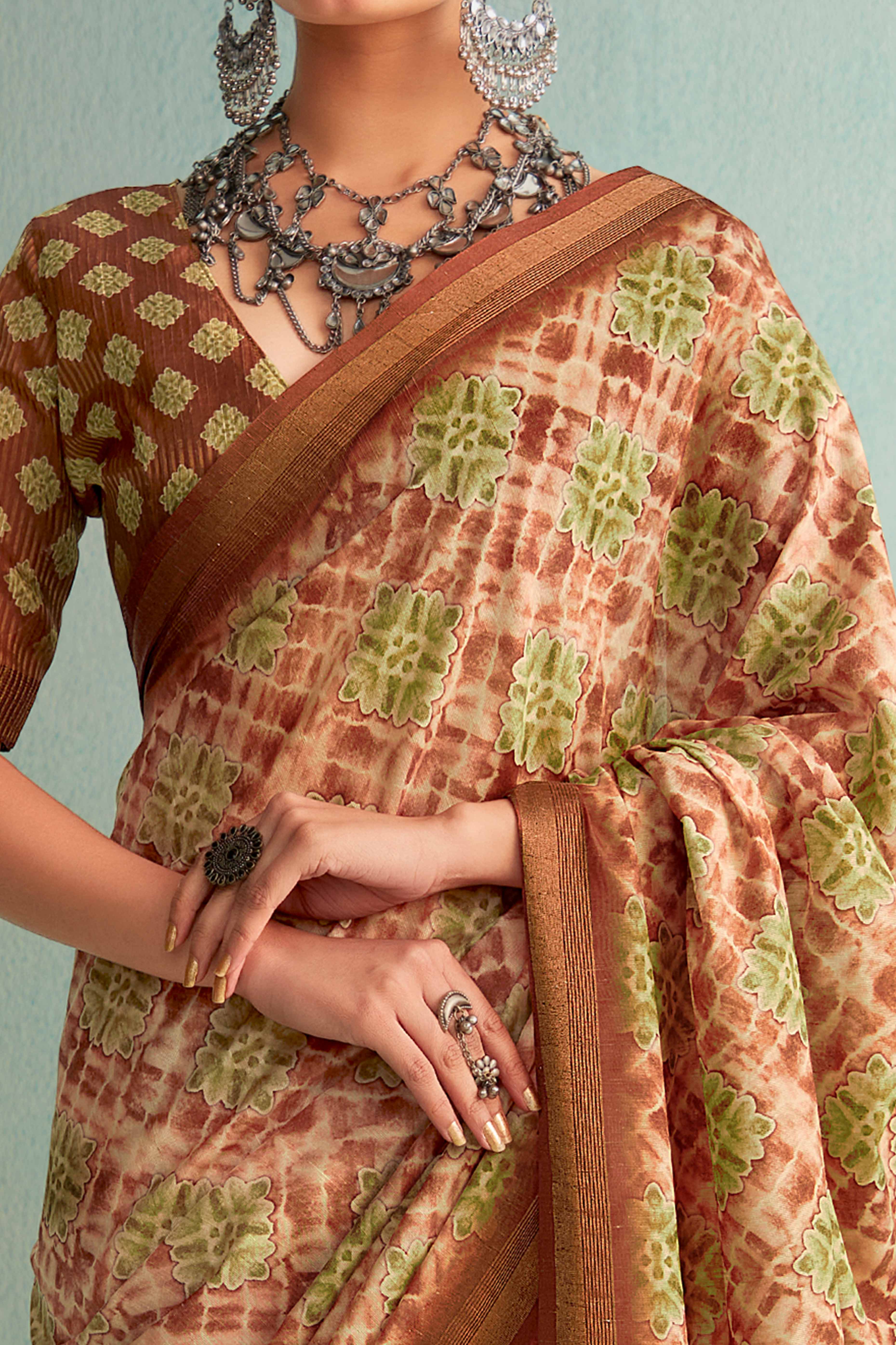 Designer Brown Handloom Saree with Digital Print on Silk Blend Fabric