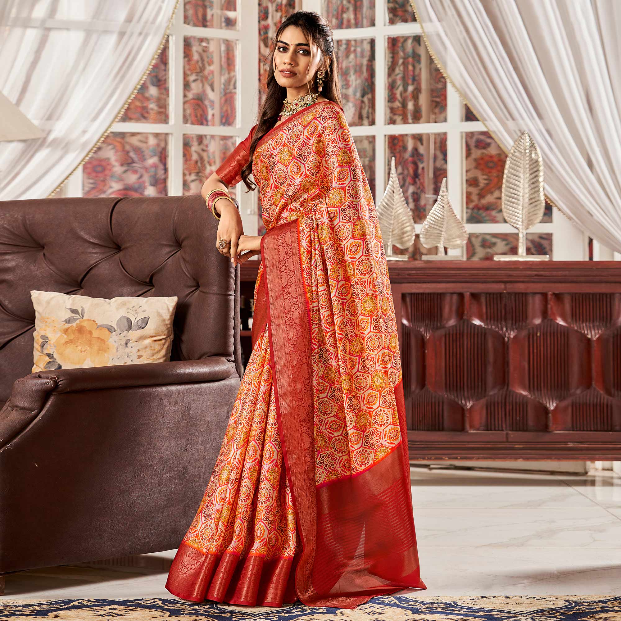 Red & Orange Digital Printed Satin Saree