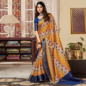 Mustard & Blue Digital Printed Satin Saree