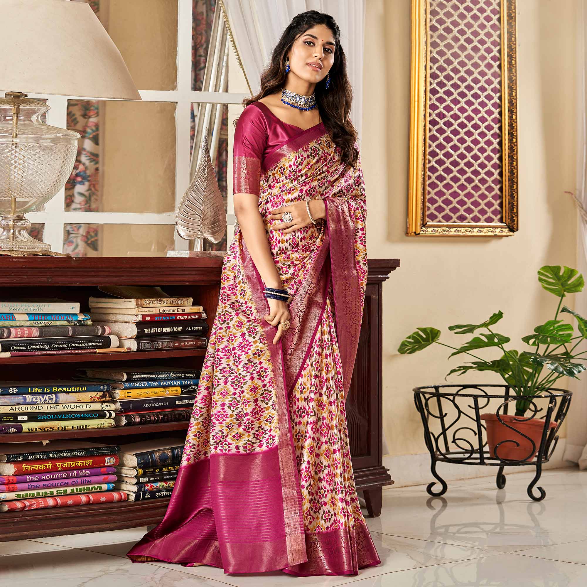 Magenta Digital Printed Satin Saree