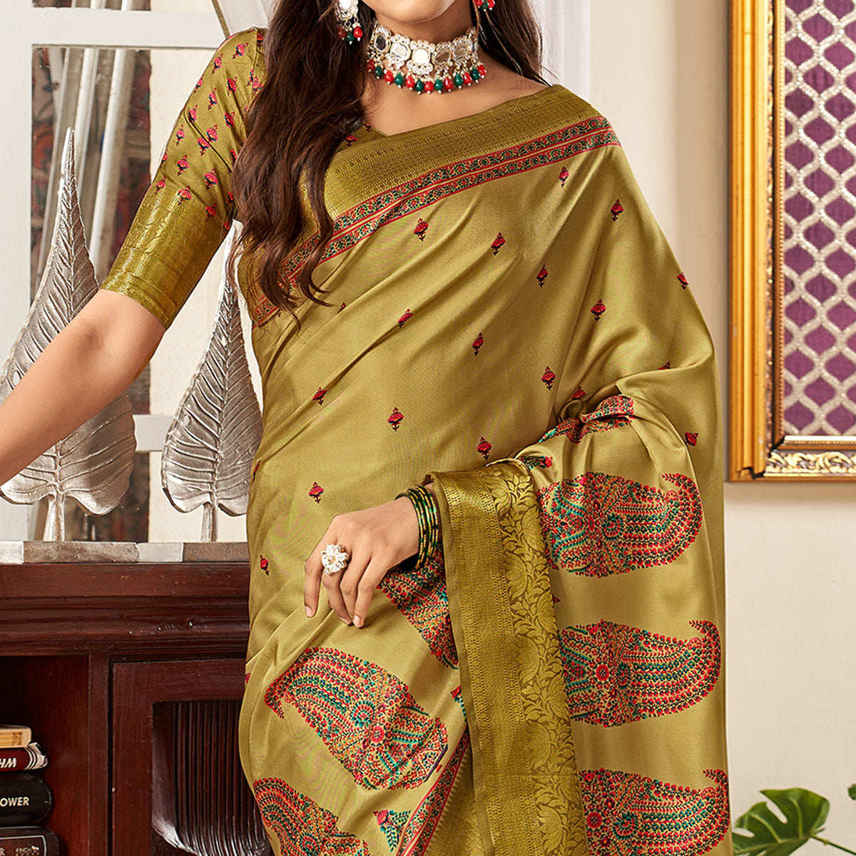 Green Digital Printed Satin Saree