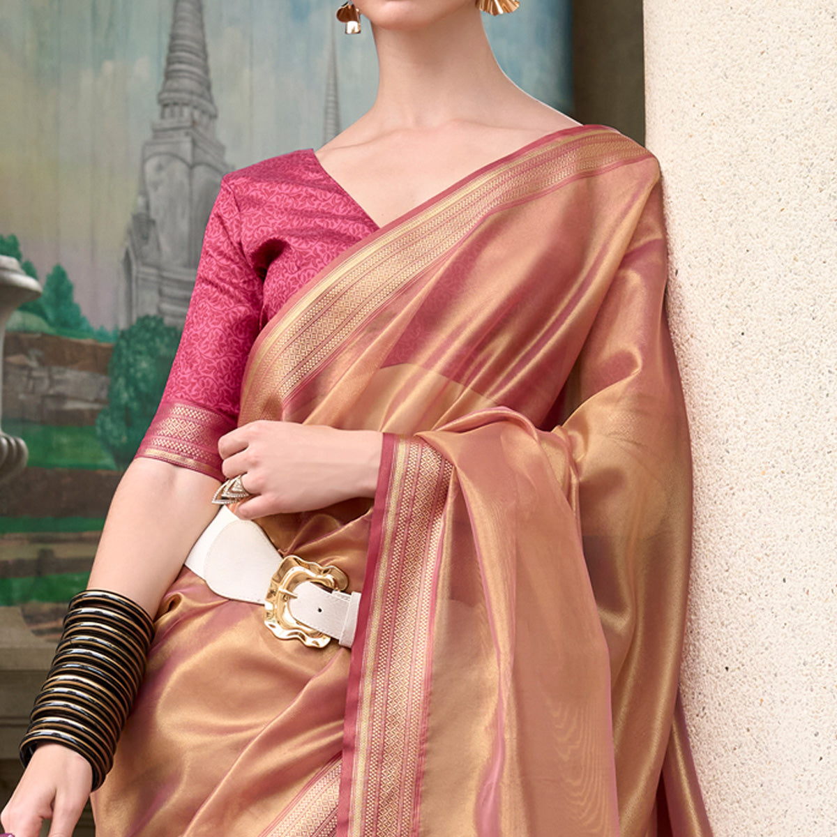 Peach Woven Tissue Silk Saree With Tassels