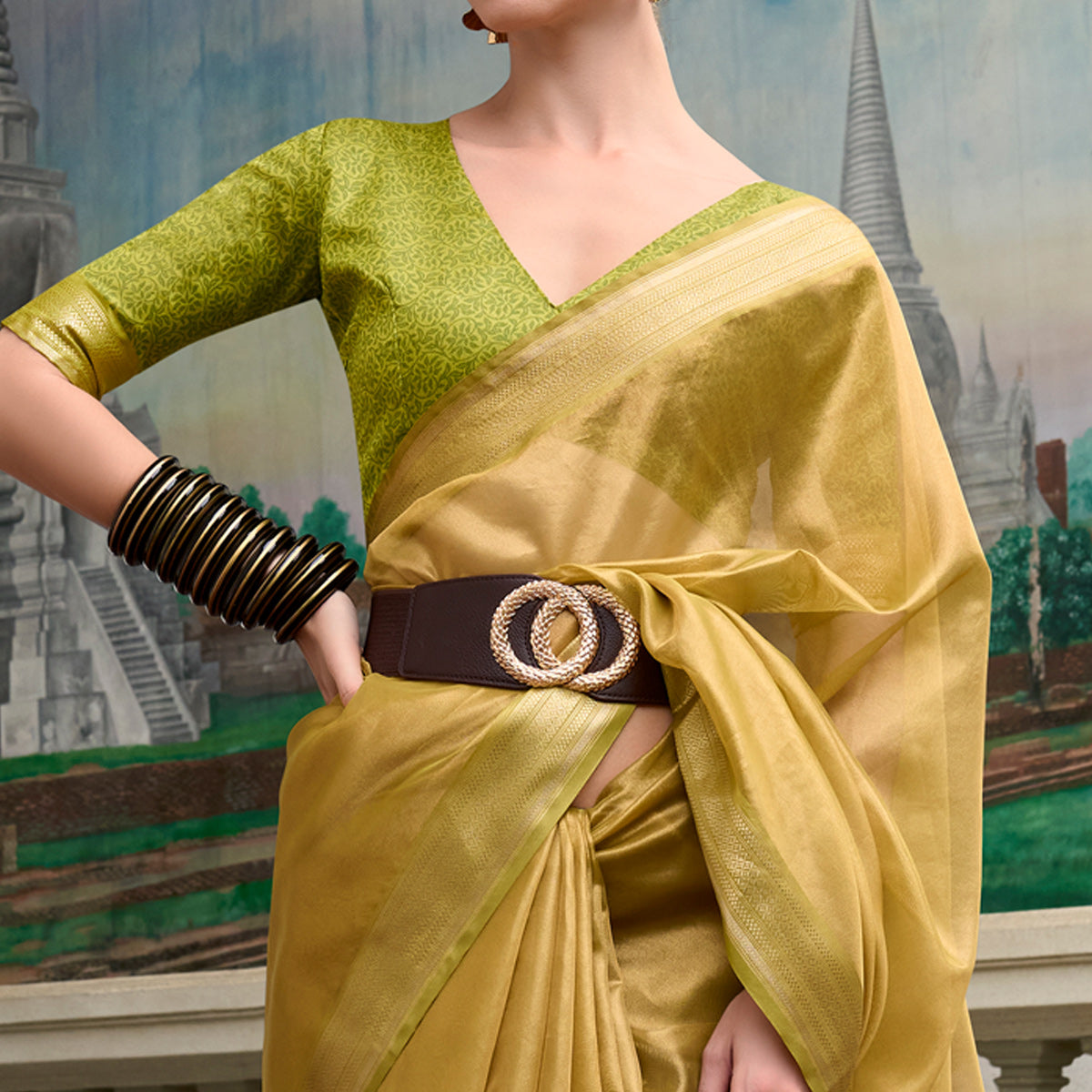 Olive Green Woven Tissue Silk Saree With Tassels