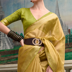 Olive Green Woven Tissue Silk Saree With Tassels
