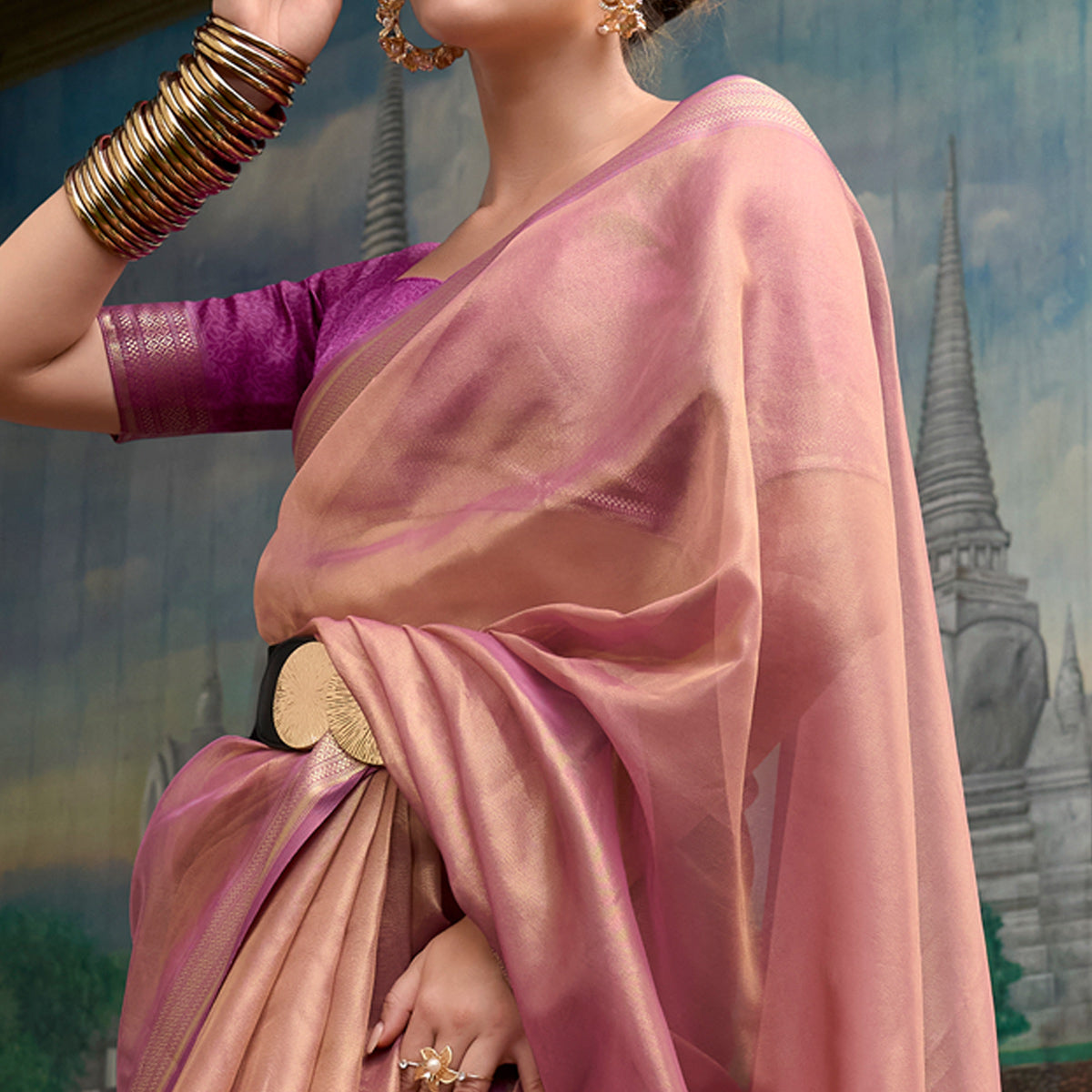 Light Mauve Woven Tissue Silk Saree With Tassels