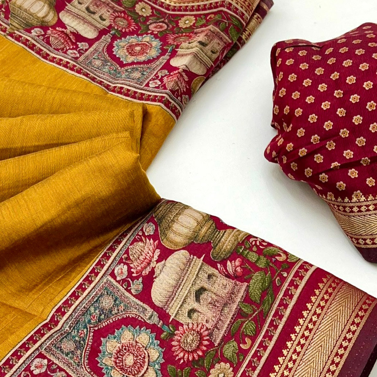 Traditional Print Mulmul Cotton Saree in Mustard with Elegant Zari Border