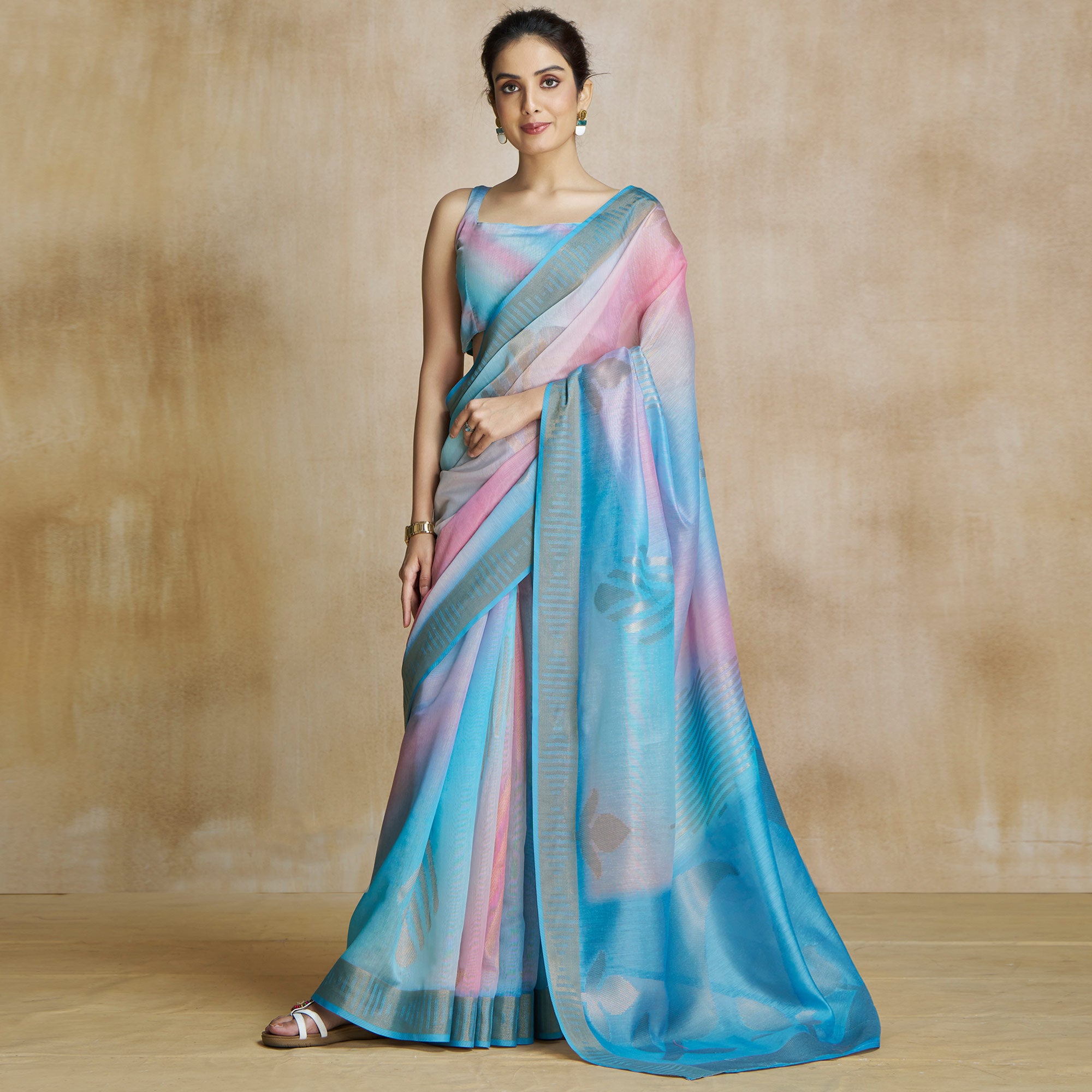 Blue Digital Printed With Woven Pure Silk Ombre Saree