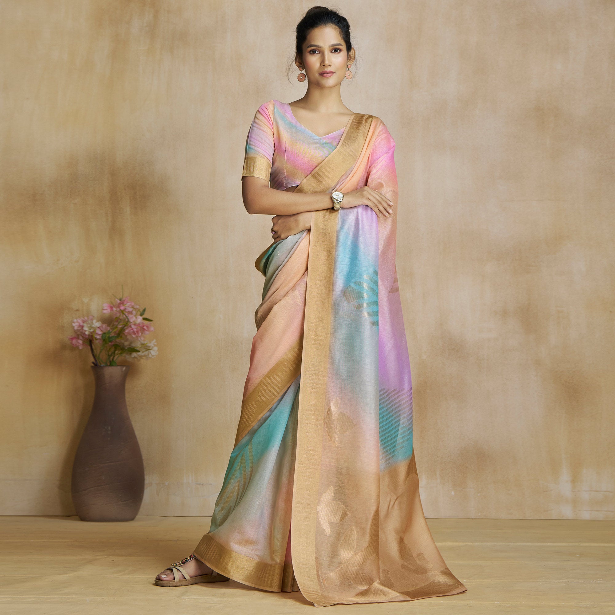 Chikoo Digital Printed With Woven Pure Silk Ombre Saree