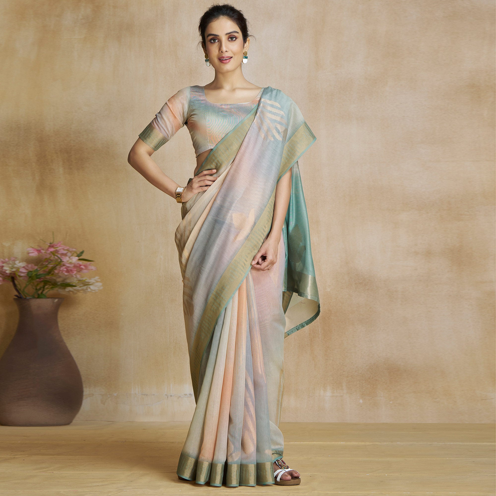 Sea Green Digital Printed With Woven Pure Silk Ombre Saree