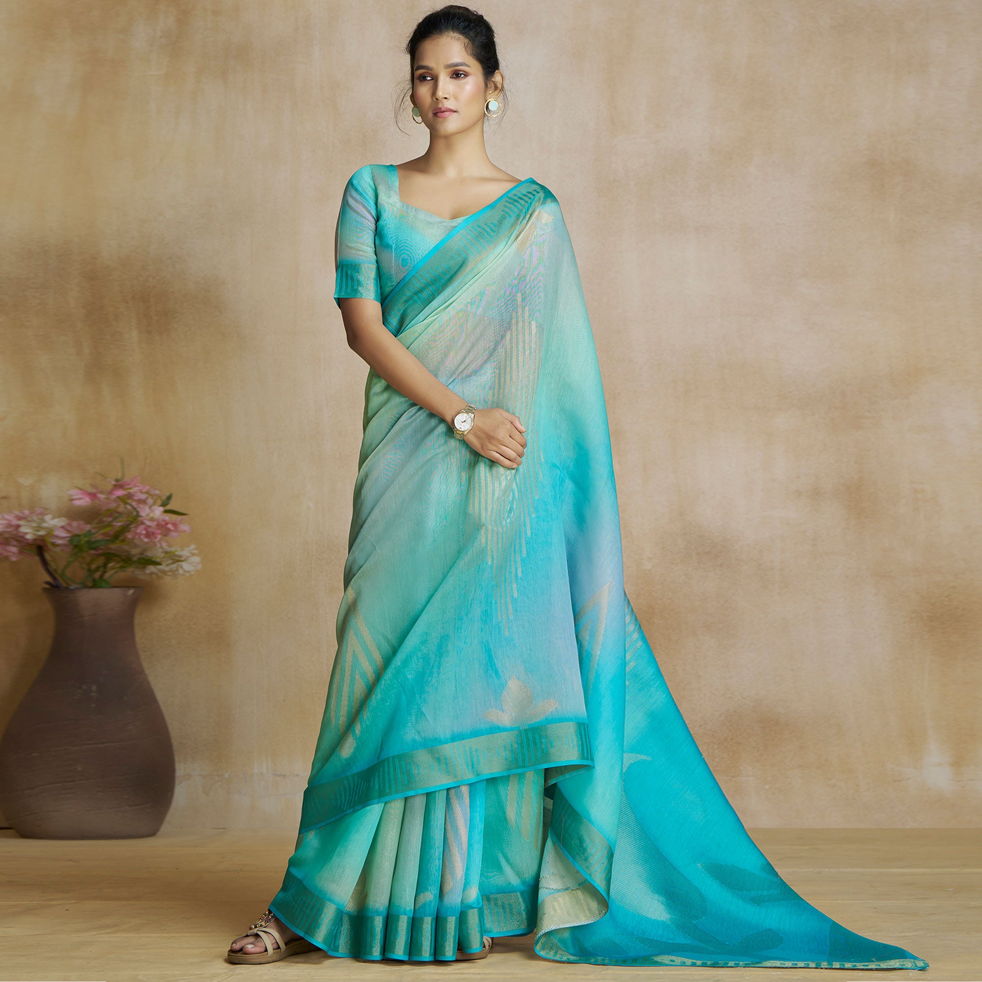 Turquoise Digital Printed With Woven Pure Silk Ombre Saree