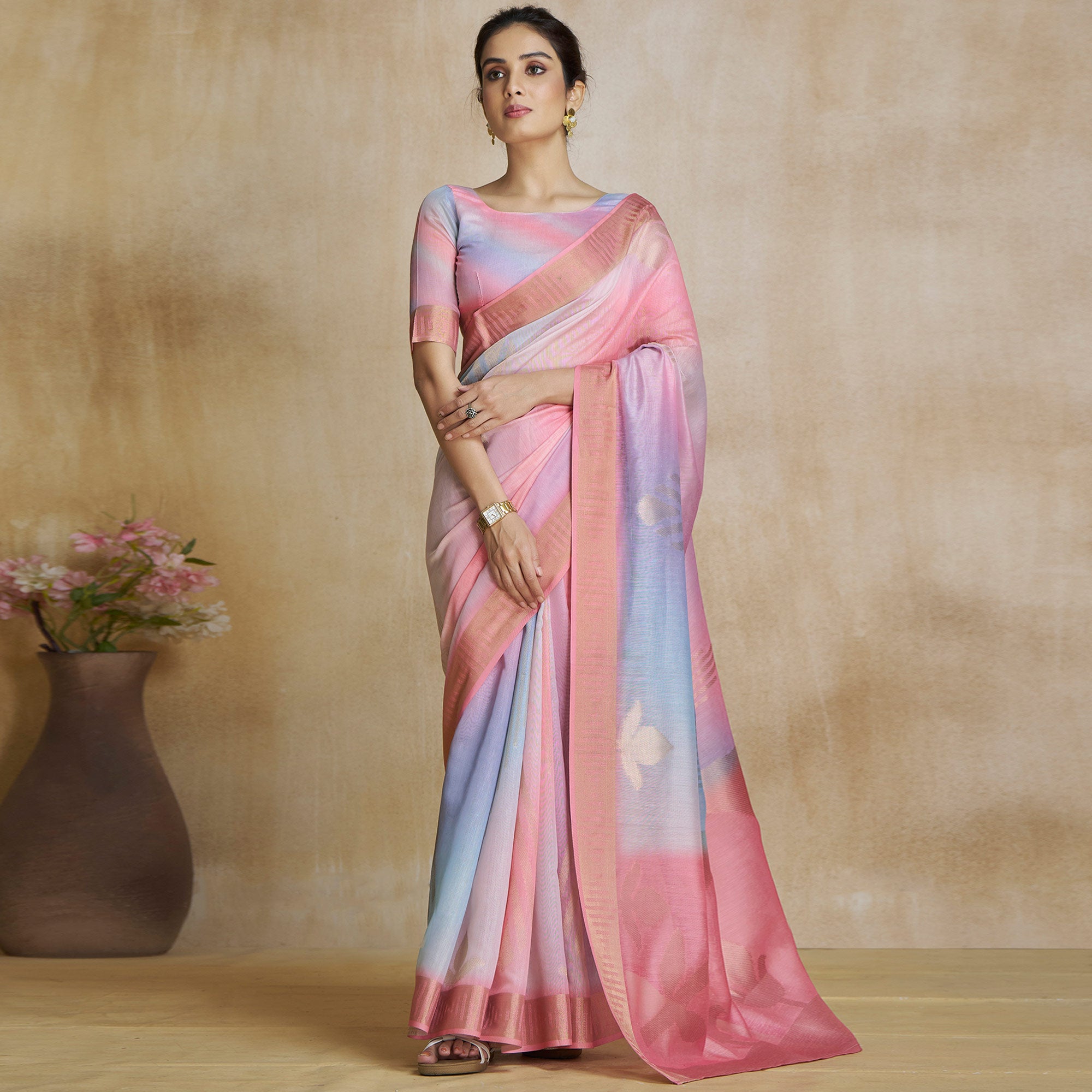 Pink Digital Printed With Woven Pure Silk Ombre Saree