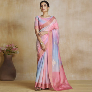 Pink Digital Printed With Woven Pure Silk Ombre Saree
