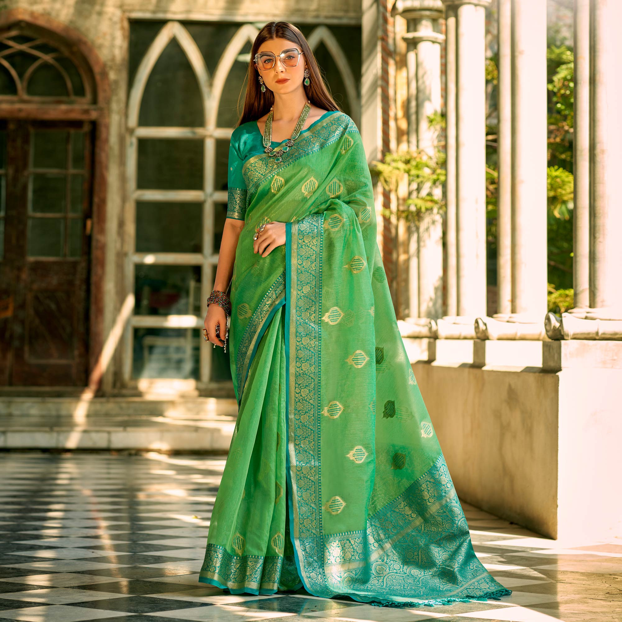 Green Floral Woven Tissue Silk Saree With Tassels