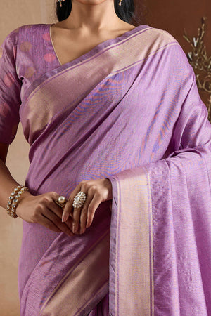 Graceful Lavender Zari Woven Bhagalpuri Silk Saree Accented With Tassel Pallu