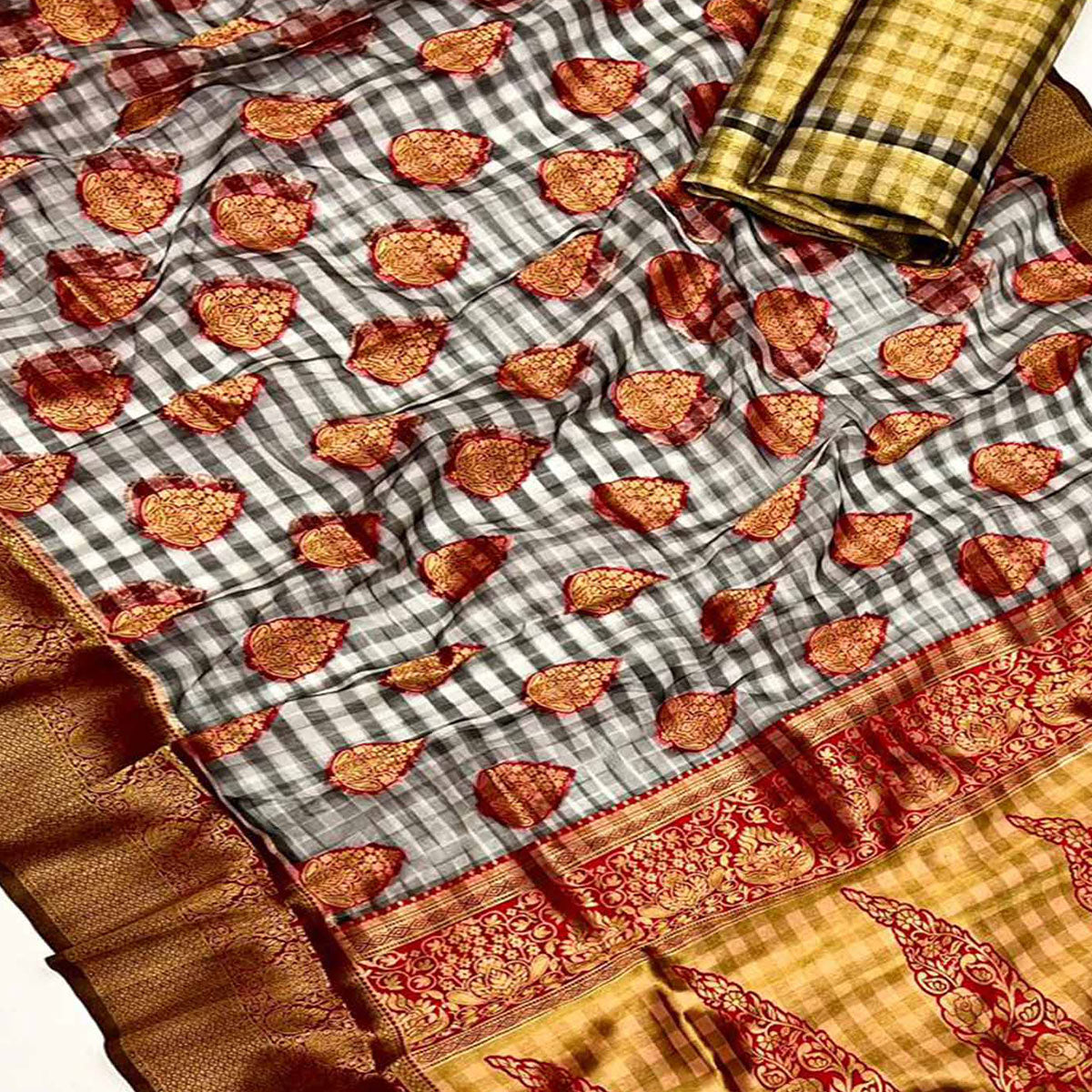 Red Checks Woven Organza Saree With Tassels