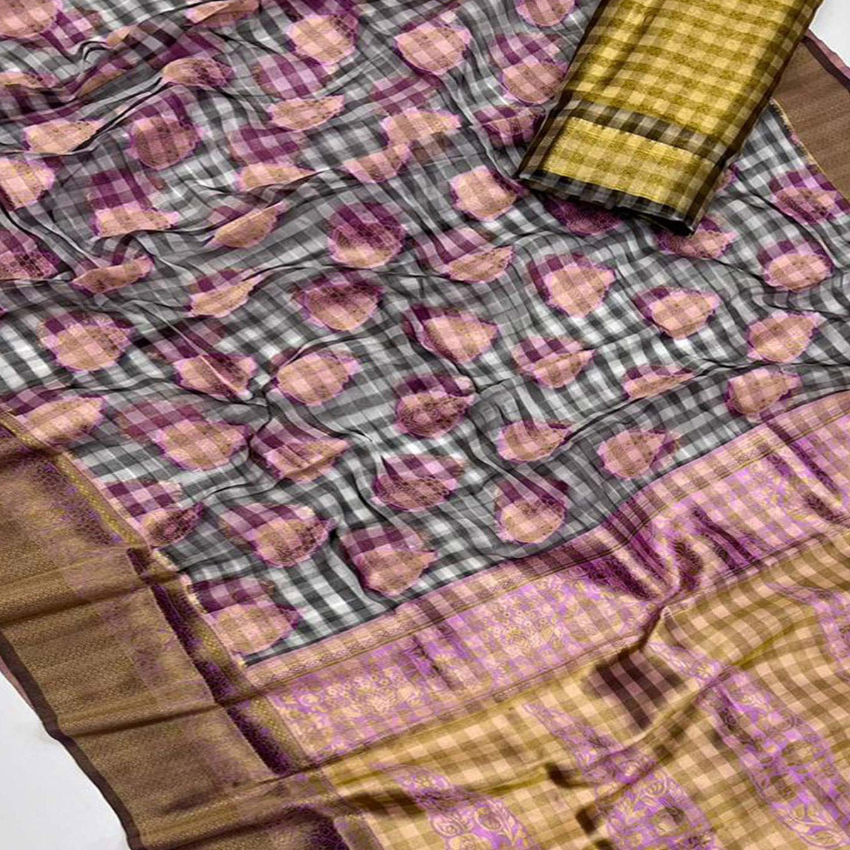Purple Checks Woven Organza Saree With Tassels