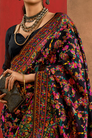 Graceful Black Floral Weaving Pashmina Modal Cotton Blend Saree With Timeless Appeal