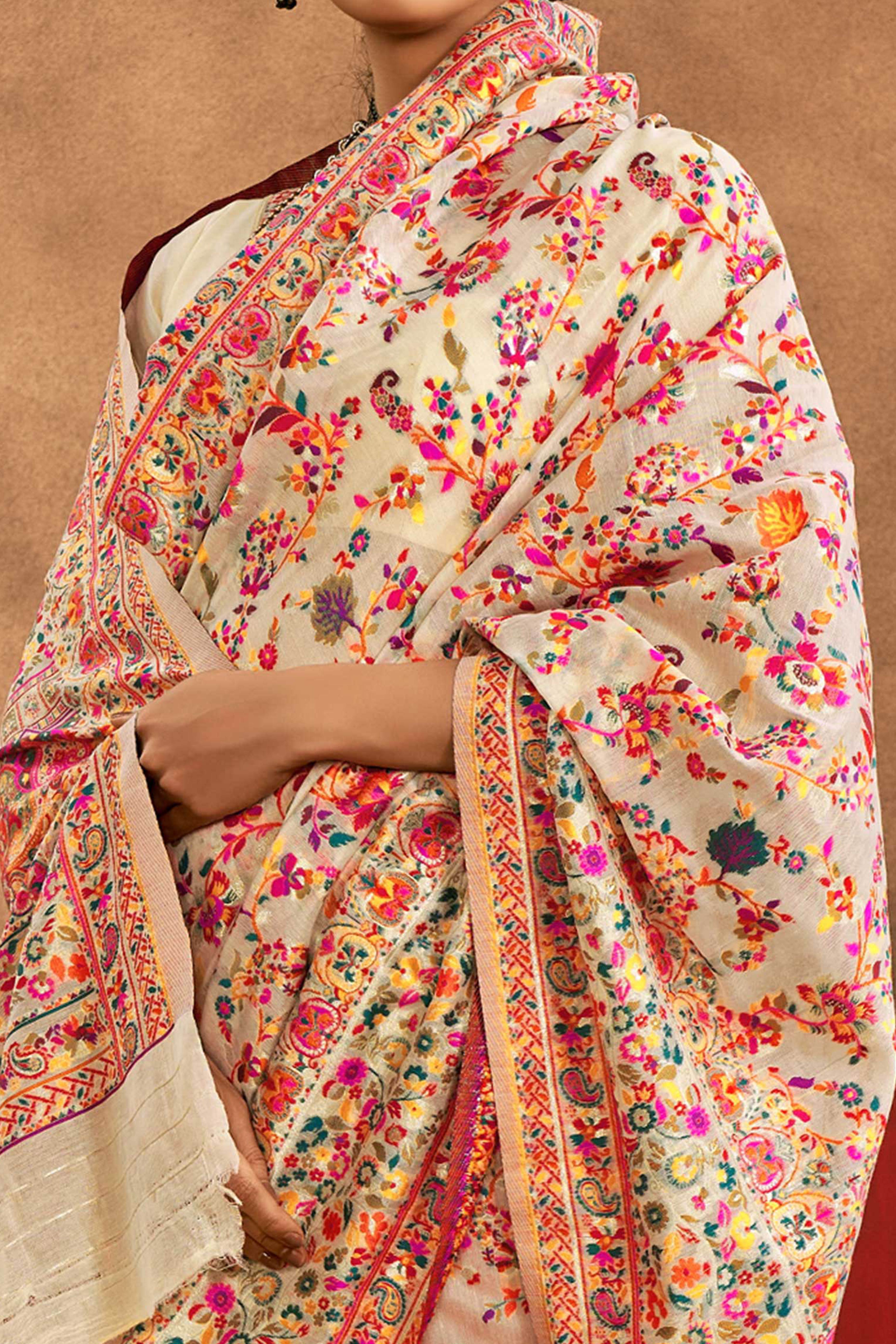 Graceful Offwhite Floral Weaving Pashmina Modal Cotton Blend Saree With Timeless Appeal